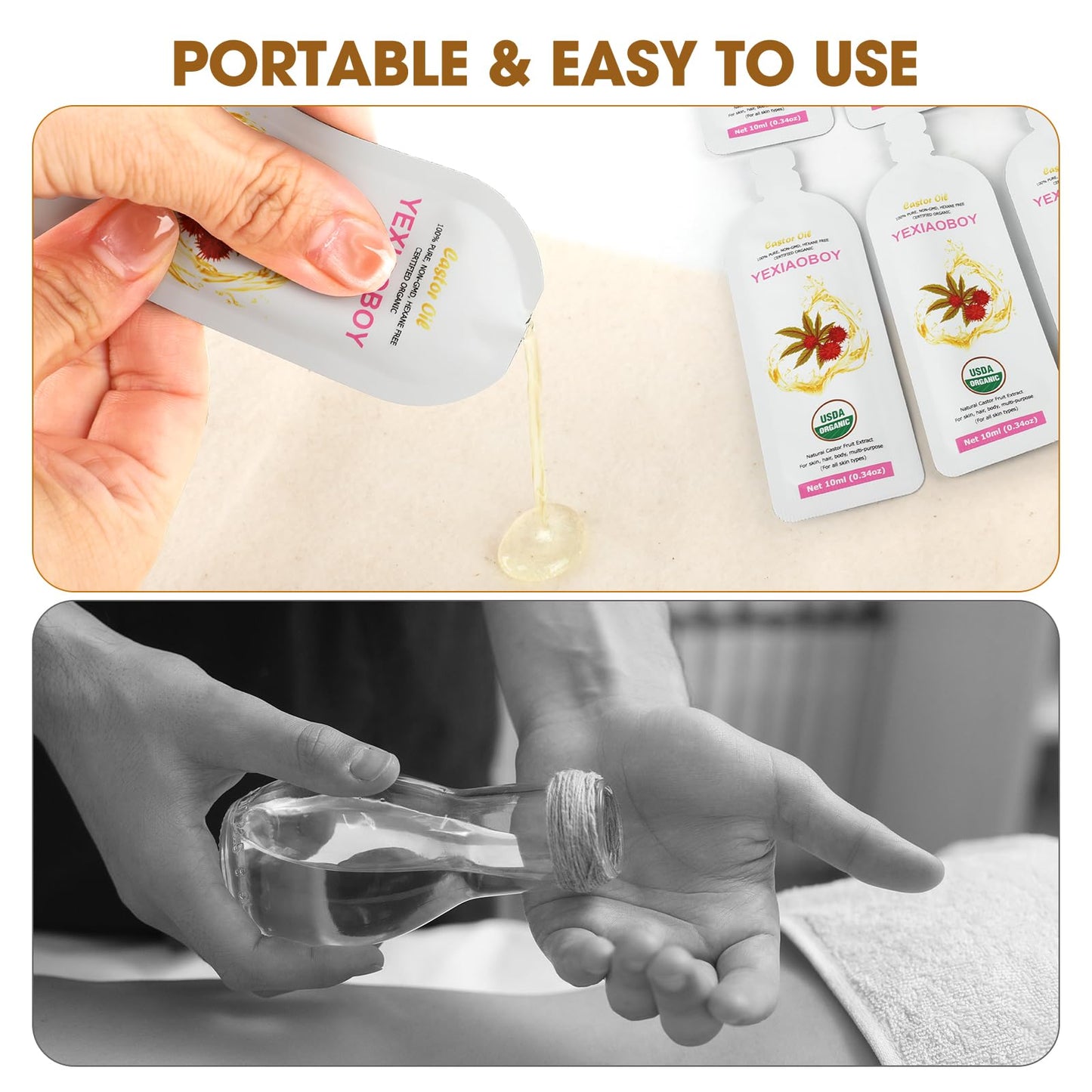 YEXIAOBOY USDA Certified Organic Golden Castor Oil (4Oz), Pure Cold-Pressed Hexane Free Organic Castor Oil Unrefined for Face, Hair Treatment