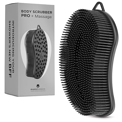 MainBasics Silicone Body Scrubber Dual-Sided Shower Loofah and Massaging Nodes (Black, Massage)