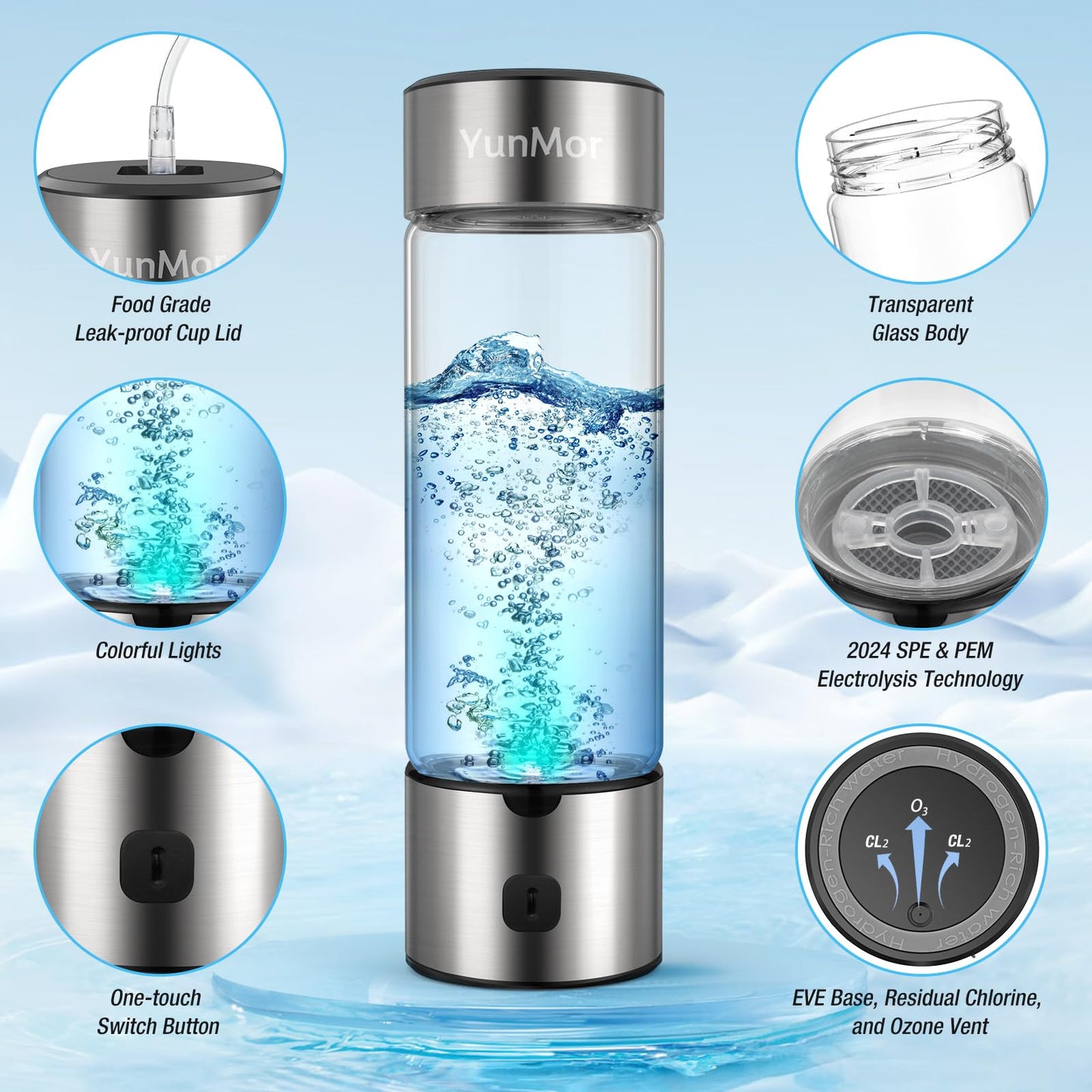Hydrogen Water Bottle & Hydrogen Water Tablets Alternative - 2800ppb SPE/PEM Tech, 3-Min Electrolysis, Inhalable H2 for Home, Office, Fitness & Daily