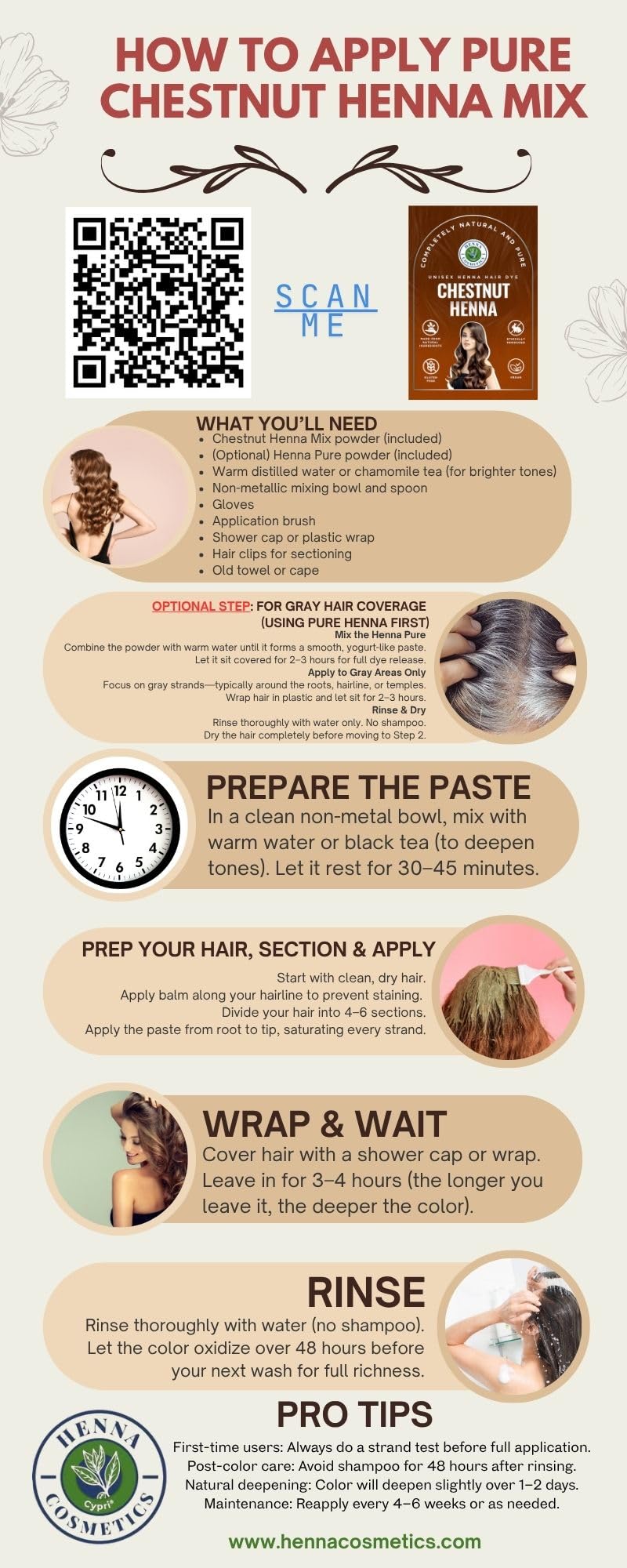 Henna Cosmetics Cypri Natural Henna Hair Color Dye, 100% Pure Henna Powder for Hair Growth Organic (Chestnut, 100 Gr + Free 50 Gr.)