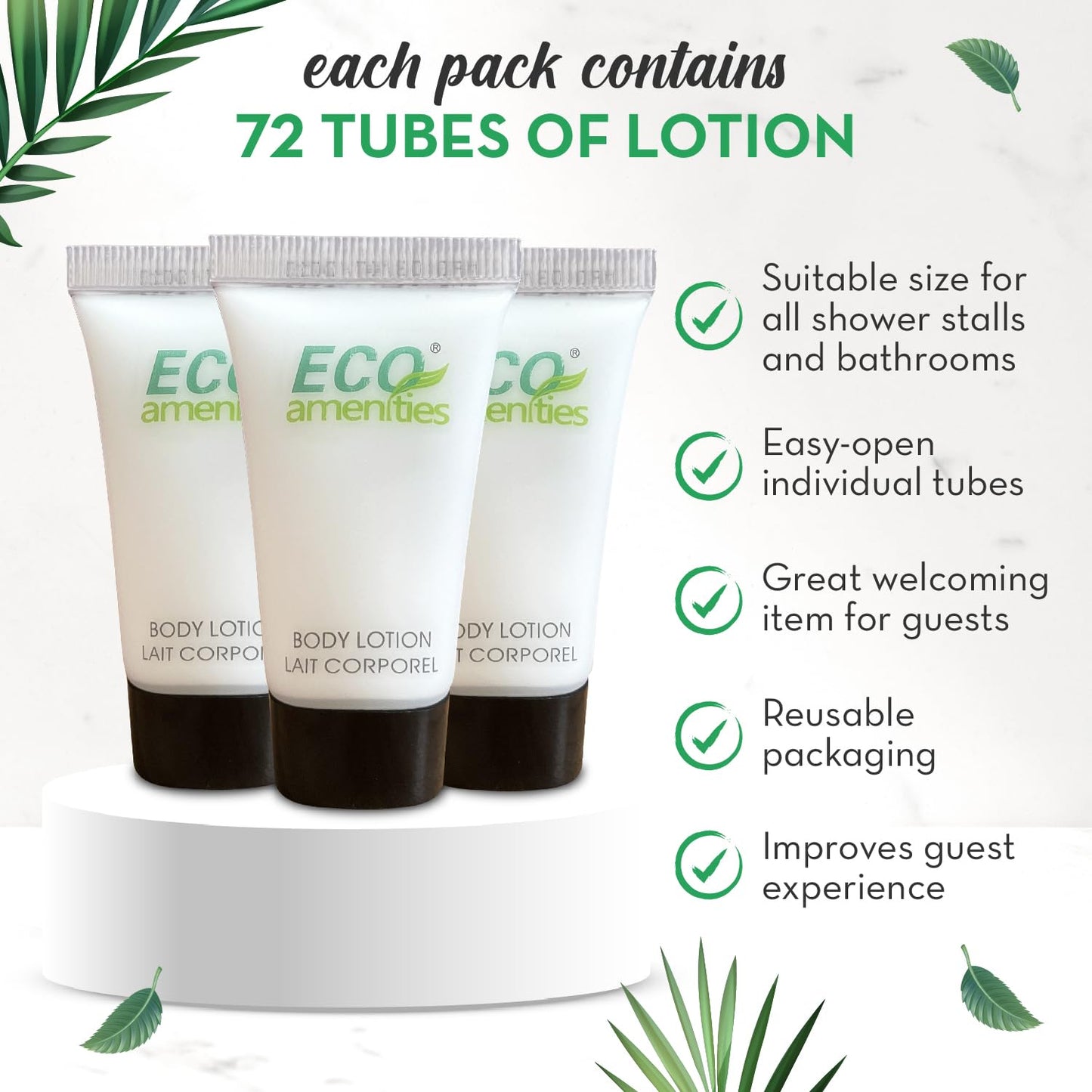 ECO amenities Mini Lotion Bulk - 72 Count 0.75 fl oz (22 ml) Tubes - Travel Size Toiletries & Body Lotion Tubes - Green Tea Scent for Hotel Amenity