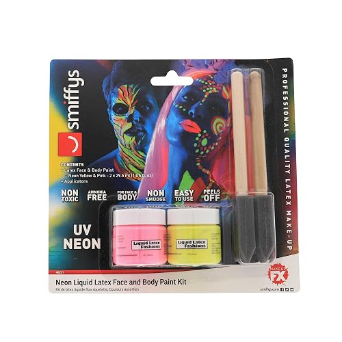 2-Pack Neon UV Liquid Latex Kit - Two 1oz Pink & Yellow, Glows Under UV/Blacklight, Includes 2 Precision Brushes, Perfect for Festivals, Raves, SFX