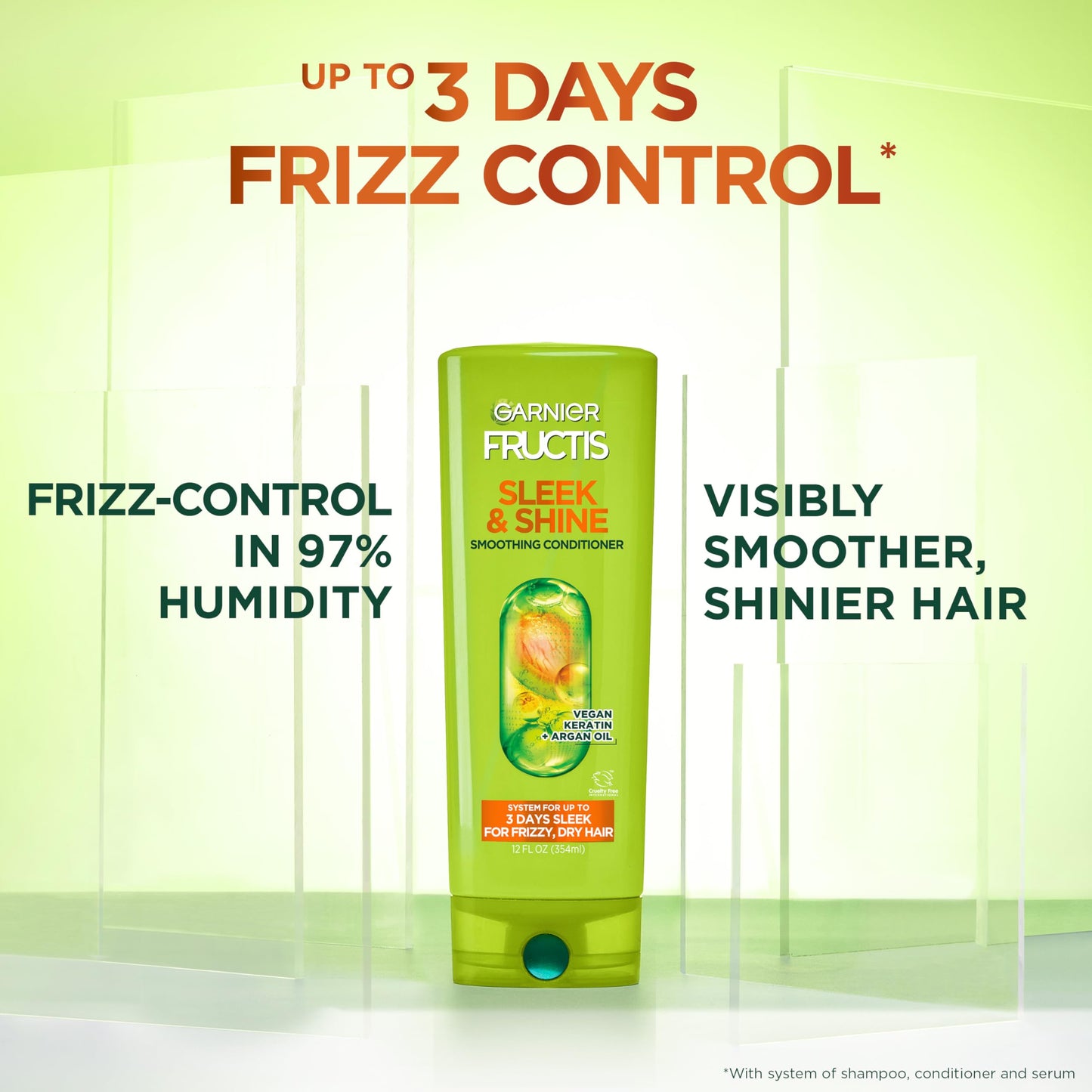 Garnier Fructis Sleek & Shine Conditioner, Smoothing Conditioner for Frizzy, Dry Hair with Argan Oil and Vegan Keratin, 33.8 Fl Oz (Packaging May