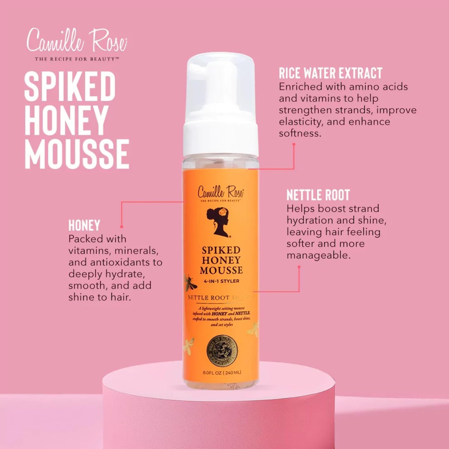 Camille Rose Spiked Honey Mousse, 4-in-1 Hair Styler with Nettle Root, to Nourish and Hydrate Strands, Define Curls, and Add shine, for All Hair