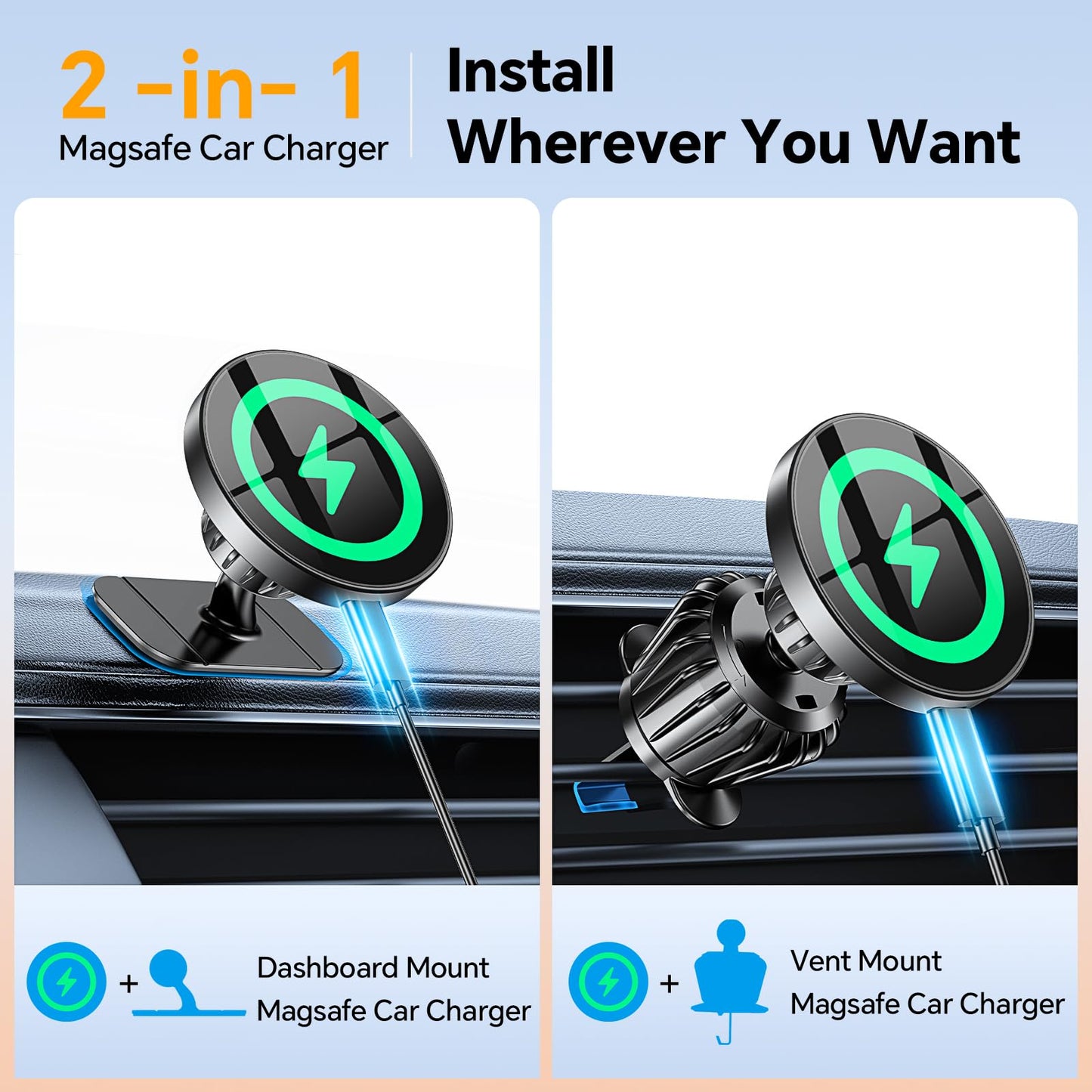 Kaistyle for MagSafe Car Mount Charger【Stronger Magnets】iPhone Magnetic Wireless Car Charger【Dashboard+Vent】 for Magsafe Charger Cell Phone Car Mount…