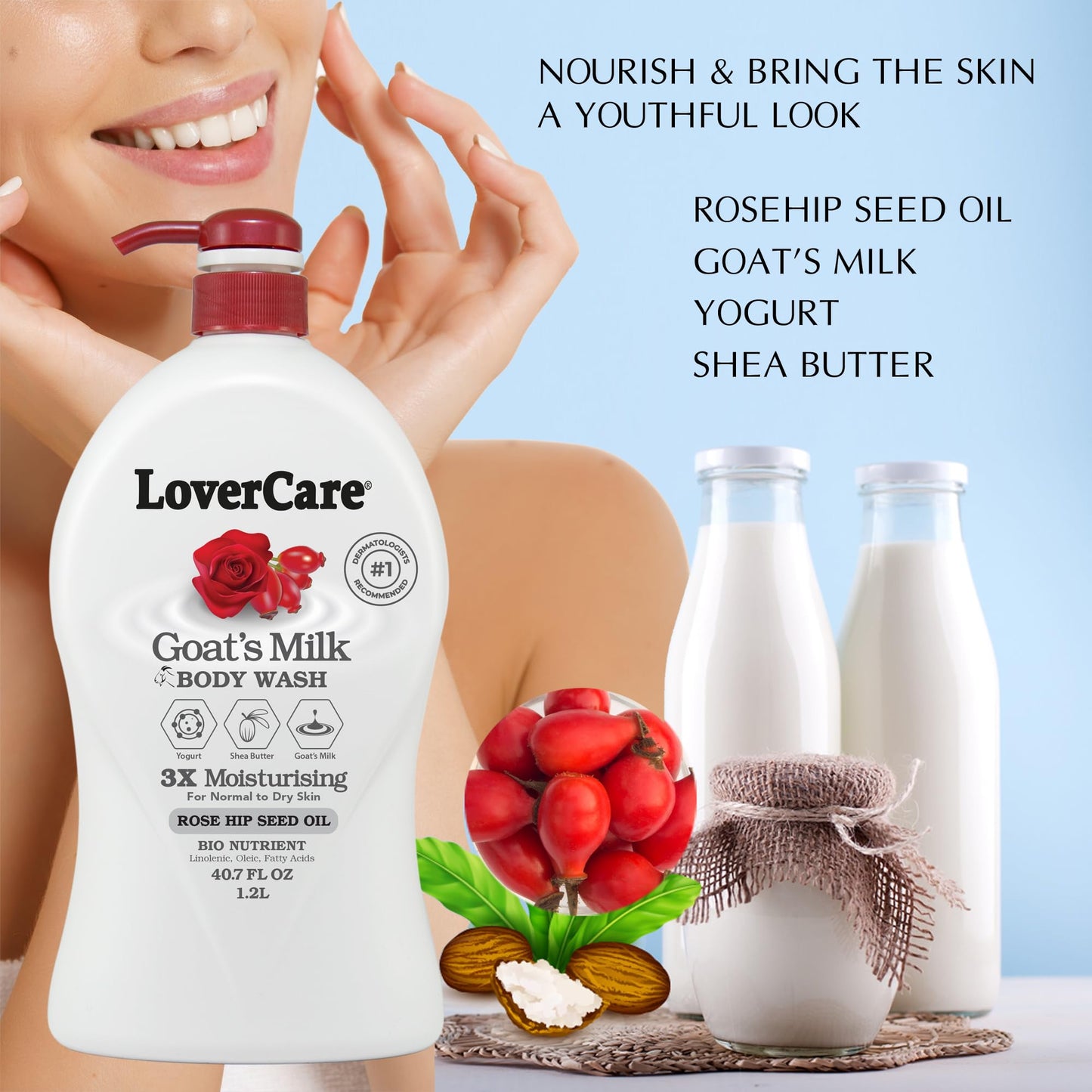 Lovercare Goat's Milk Body Wash Shower Cream 40.7oz/1200ml - Rose Hip Seed Oil