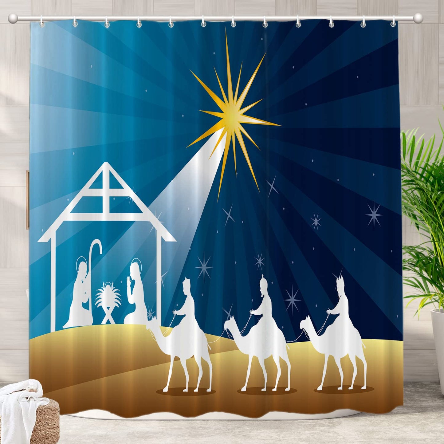 Batmerry Night Christmas Star Decorative Shower Curtain - Bethlehem Scene With Wise Men, Bible Theme - Long Wide Waterproof Washable for Bathroom