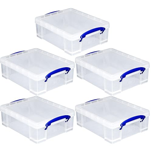 Really Useful Box Stackable 8.1 Liter Plastic Storage Container Bin with Snap Lid & Built-In Clip Lock Handles for Home & Office Organization (5 Pack)