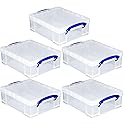 Really Useful Box Stackable 8.1 Liter Plastic Storage Container Bin with Snap Lid & Built-In Clip Lock Handles for Home & Office Organization (5 Pack)