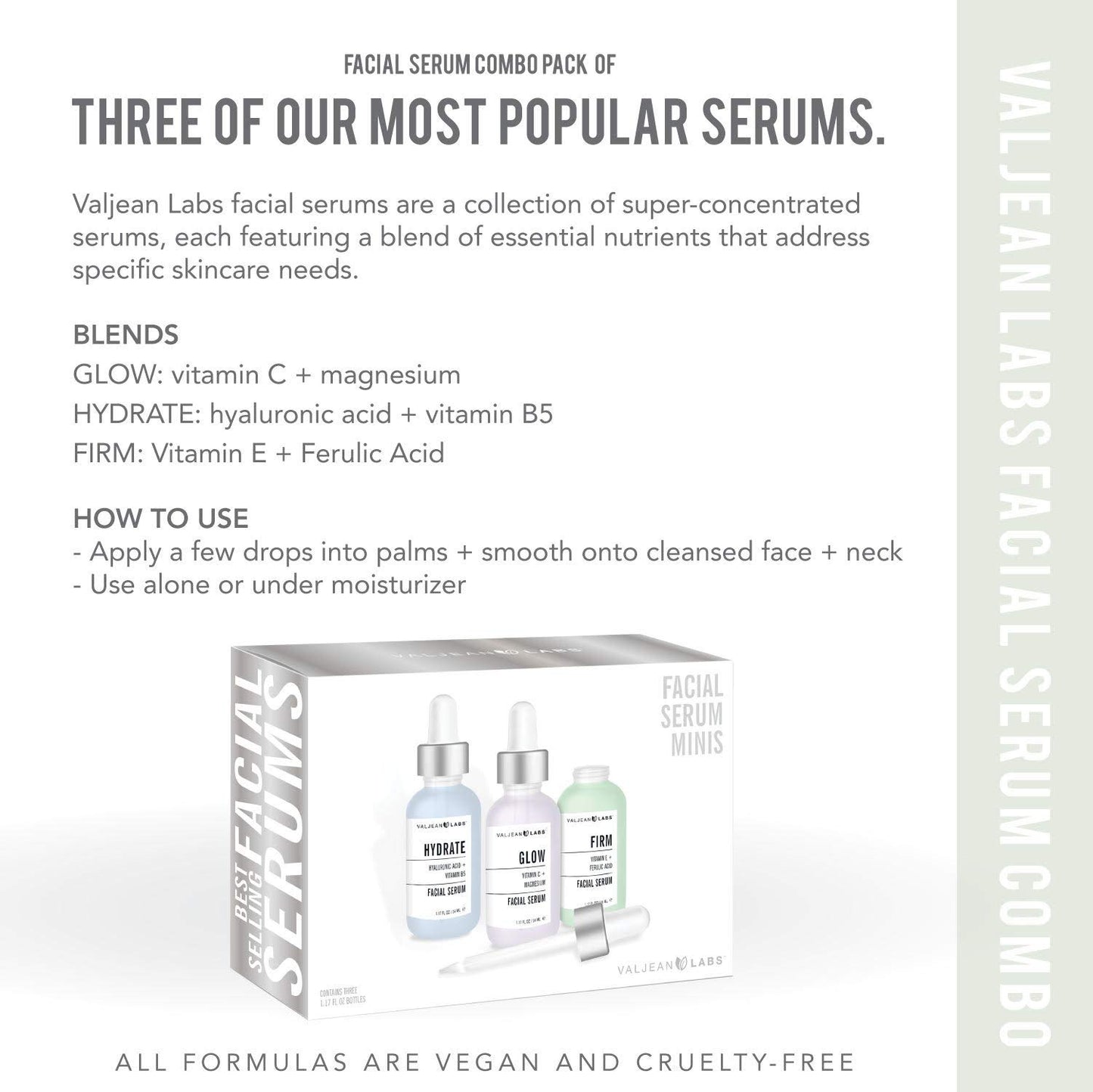 Valjean Labs Facial Serum, Combo Pack of Hydrate, Glow, and Firm | Supercharged, Targeted Skincare Ingredients | Paraben Free, Cruelty Free, Made