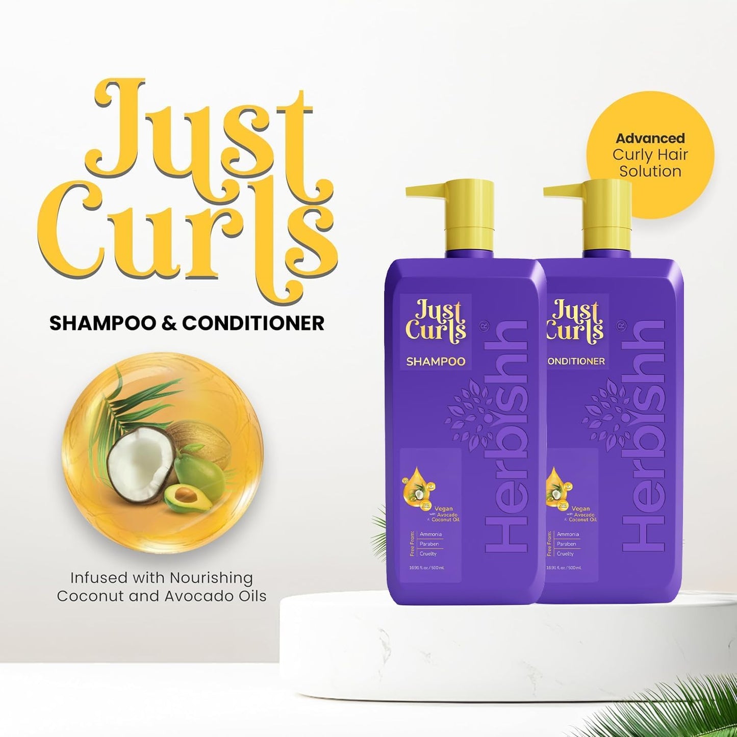 Herbishh Curly Hair Shampoo and Conditioner Set (16.91 oz Each) With Coconut & Avocado Oil for Wavy and Coily, Haircare for Women & Men, Curly Hair