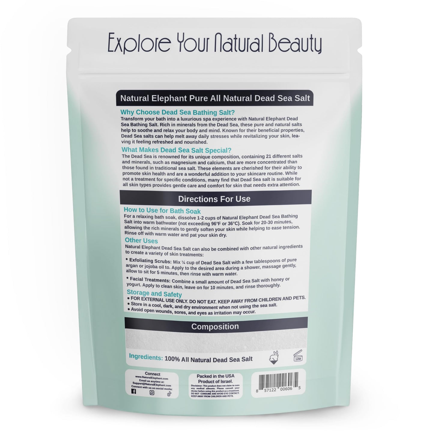Natural Elephant Dead Sea Salt for Soaking & Bathing - 10 Pound Bag (160oz) - Fine Grain - 100% Natural and Pure Beauty and Personal Care Natural Elephant