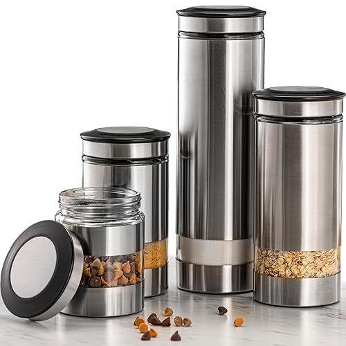 Le'raze Quality Stainless Steel Canister Set of 4 for Kitchen Counter with Glass Window & Airtight Lid - Food Storage Containers with Lids Airtight…