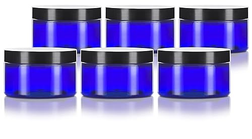 2 oz Cobalt Blue Heavy Wall Plastic Refillable Low Profile Jar with Black Lid (6 pack)