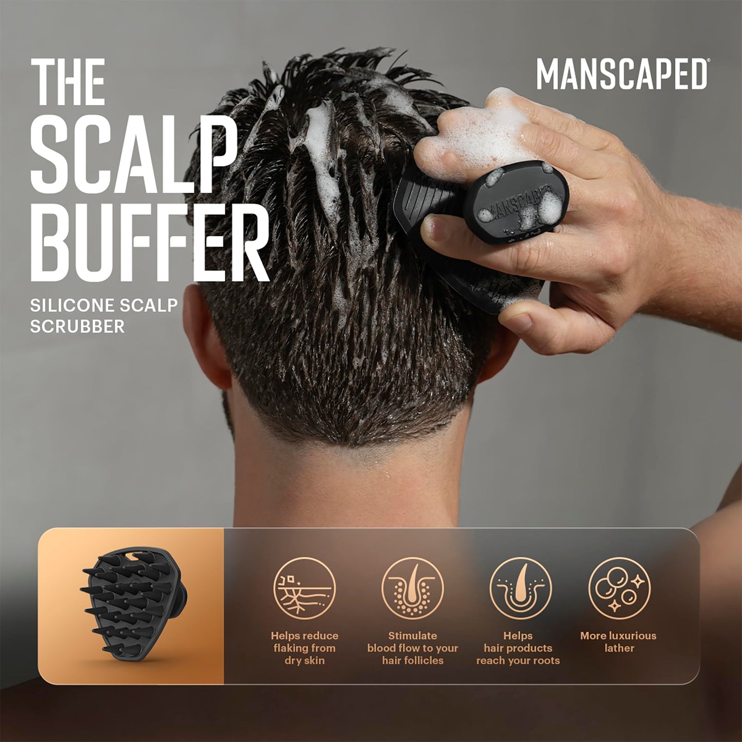 MANSCAPED® The Scalp Buffer Men’s Silicone Head Scrubber - Premium Cleansing & Exfoliating Hair Brush, Ergonomic Handheld Design for Gentle Scalp Beauty and Personal Care MANSCAPED