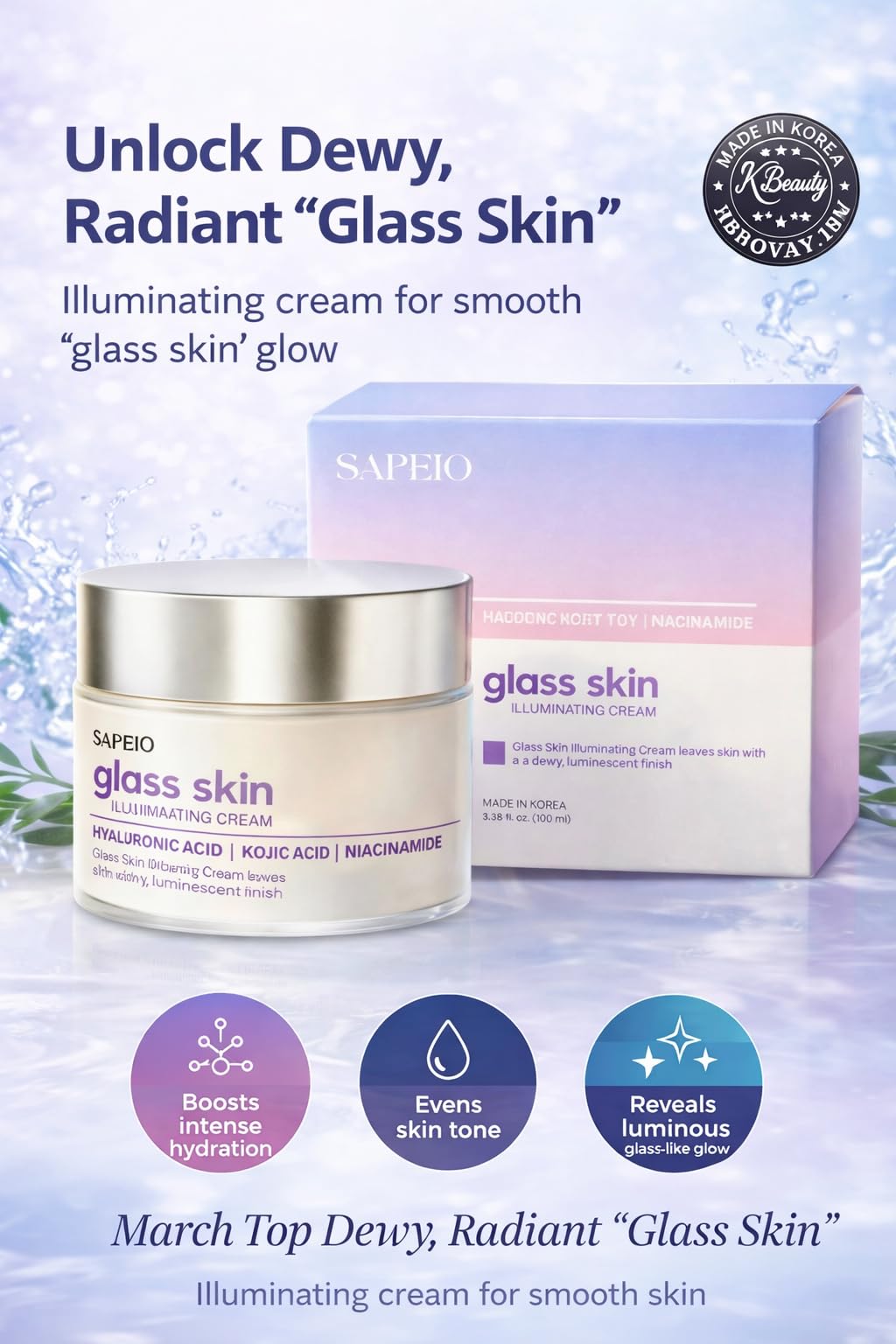 Sapeio Glass Skin Illuminating Cream with Hyaluronic Acid, Kojic Acid and Niacinamide, Dewy Luminescent Finish, 3.38 fl. oz.