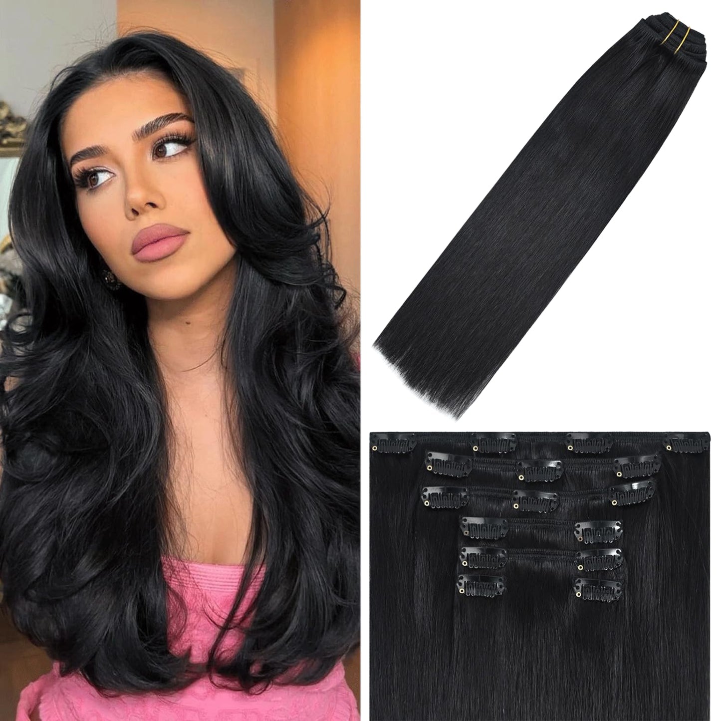 WindTouch Clip in Hair Extensions Real Human Hair Black Hair Extensions 12Inch 70g 7PCS Clip Ins Real Human Hair #1B Natural Black Clip in Hair