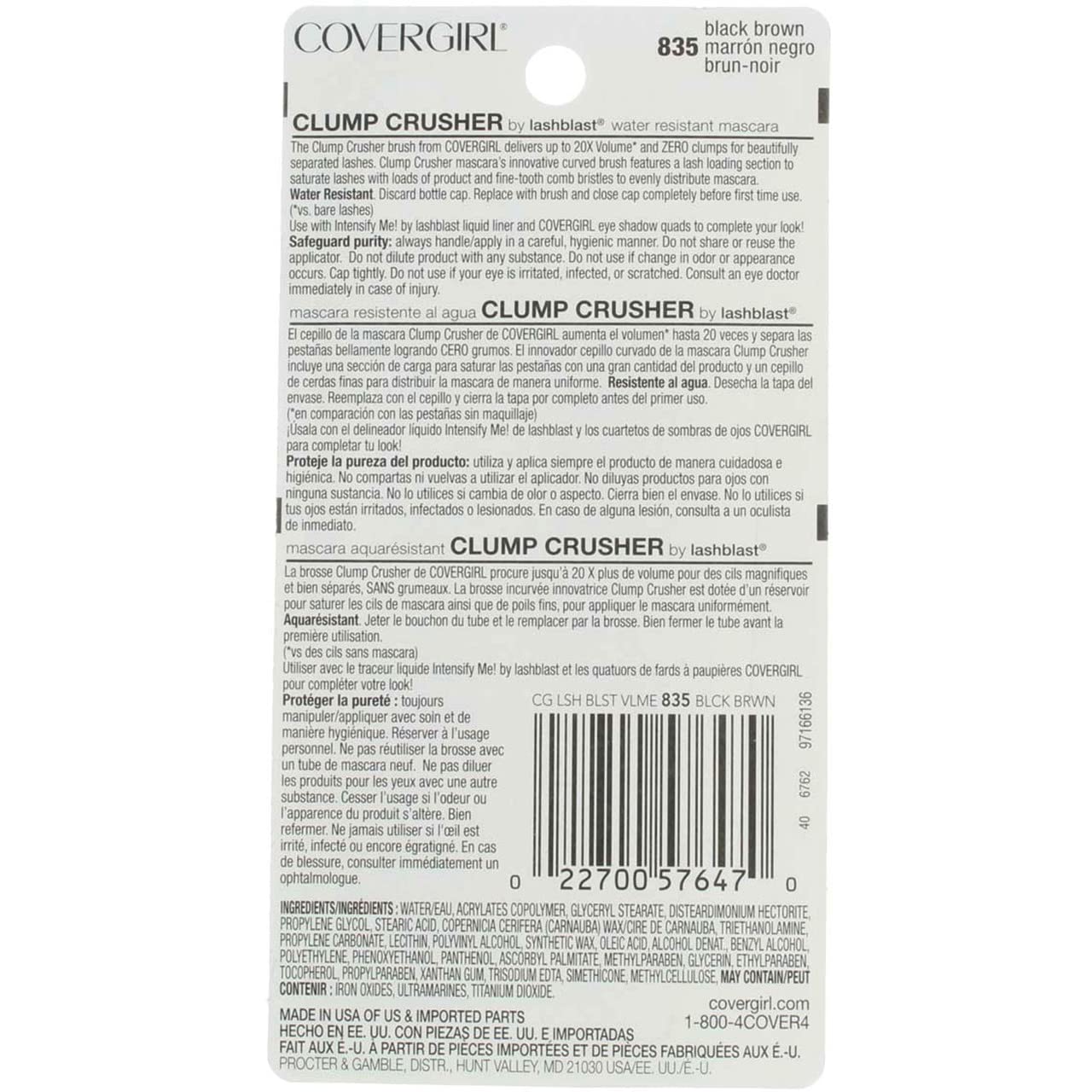 CoverGirl Lashblast Clump Crusher Black Brown 835 Water Resistant Mascara -- 3 per case.