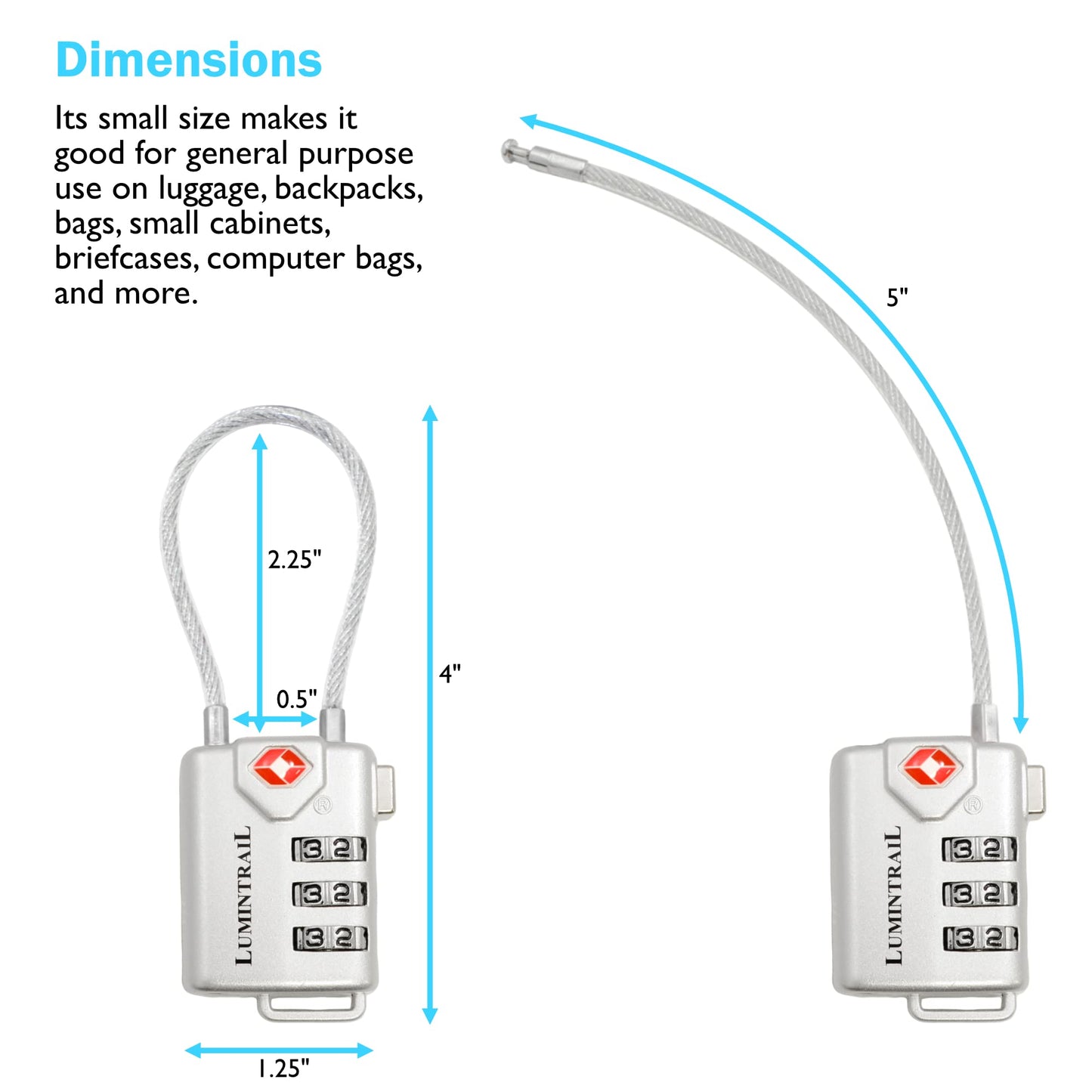 Lumintrail TSA Approved Luggage Lock – 3-Digit Personalized Combination with 4-FT Braided Steel Cable, Metal Travel Suitcase Lock (Silver, 1 Pack)