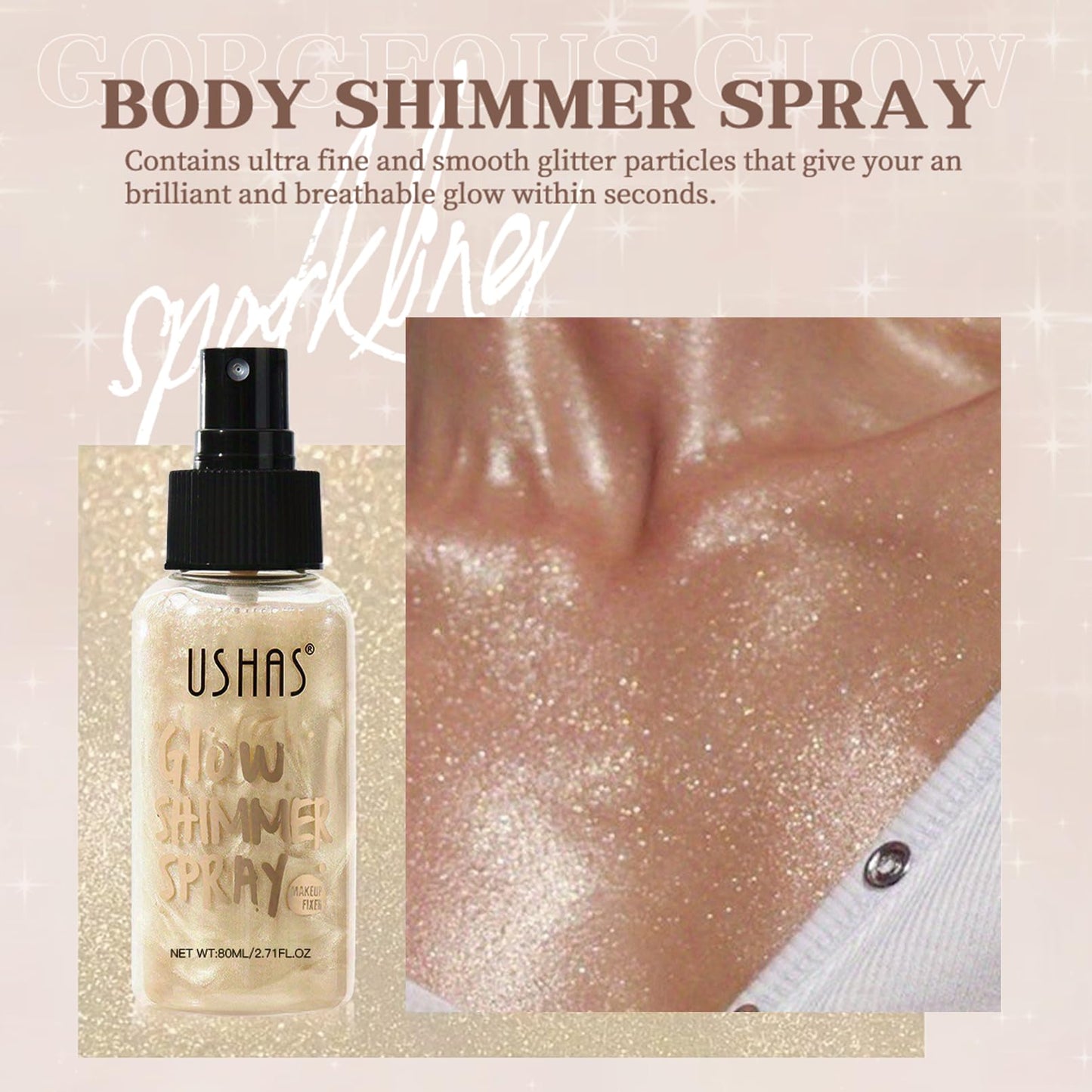 Body Glitter Spray, Body Shimmer Spray Quick Drying Body Glow Shimmer Long-Lasting Shiny Glitter for Women Men for Party, Concert 2.6 Fl Oz. (Light