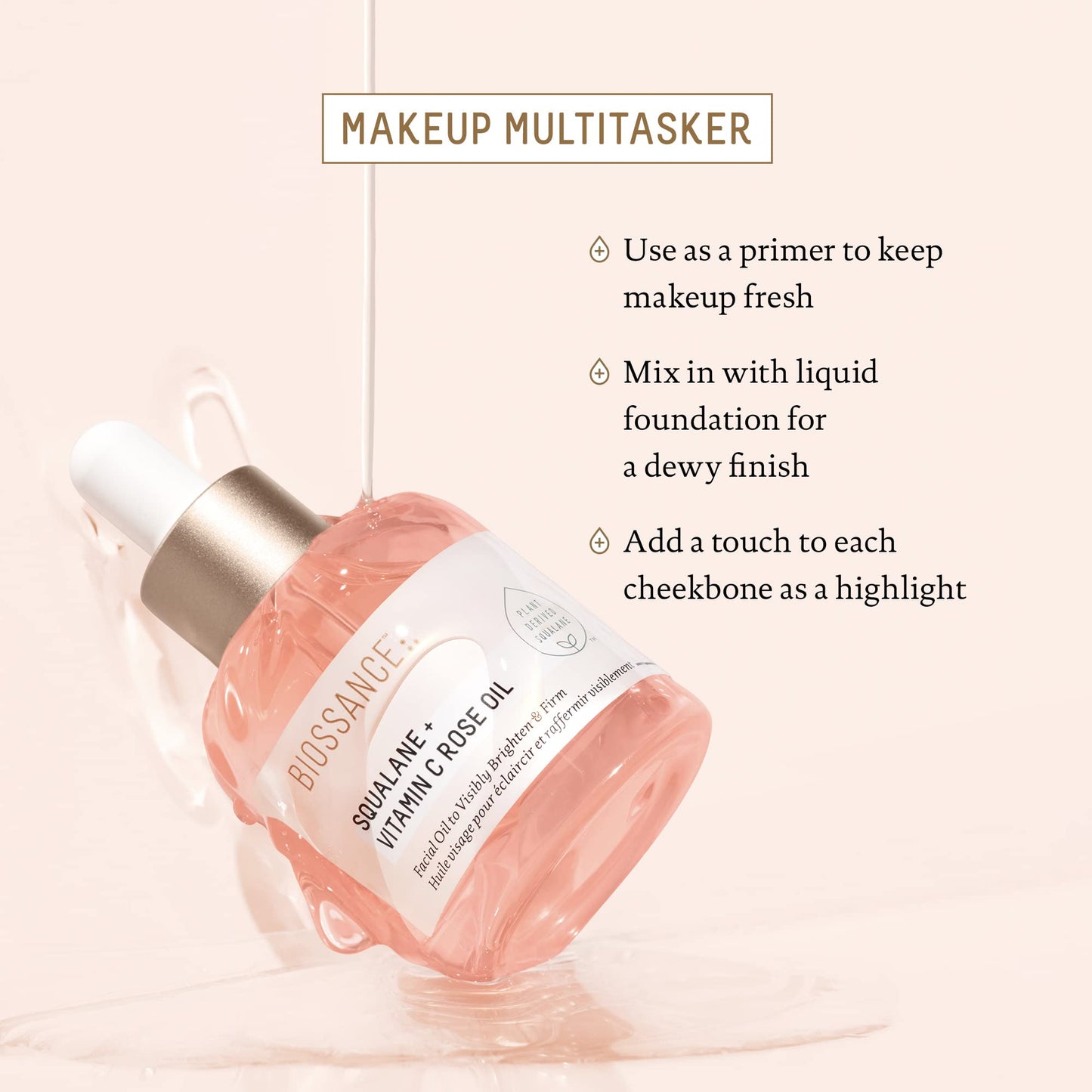 BIOSSANCE Squalane + Vitamin C Rose Advanced Facial Oil - Brightening, Firming, and Hydrating Serum for All Skin Types - Chios Crystal Oil, Damascus