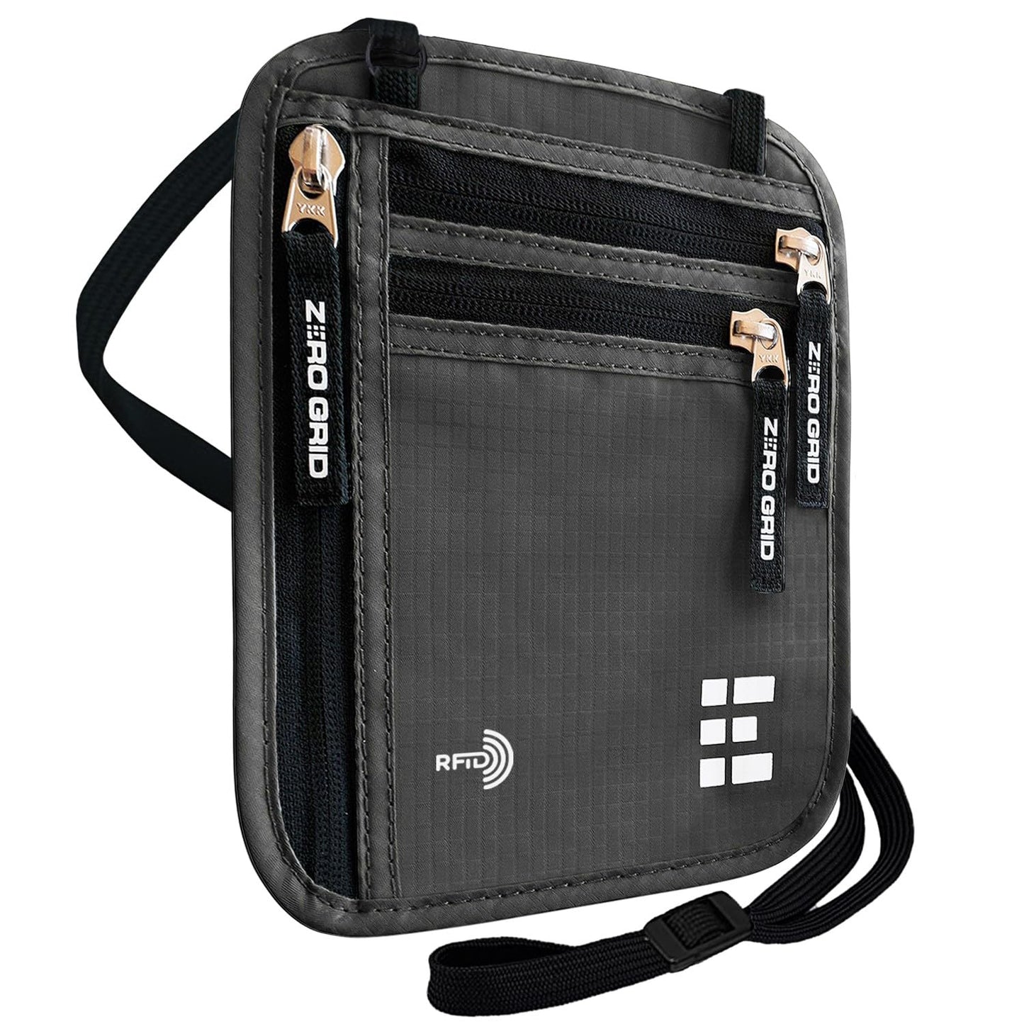 RFID Blocking Neck Wallet & Passport Holder – Slim, Water-Resistant Travel Pouch for Men & Women – Dark Grey, Large