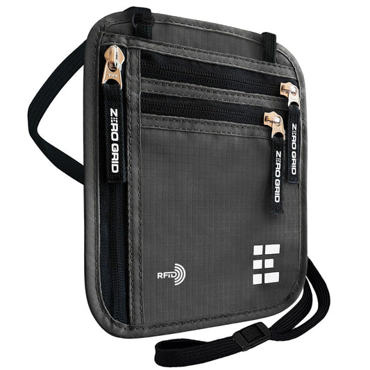 RFID Blocking Neck Wallet & Passport Holder – Slim, Water-Resistant Travel Pouch for Men & Women – Dark Grey, Large