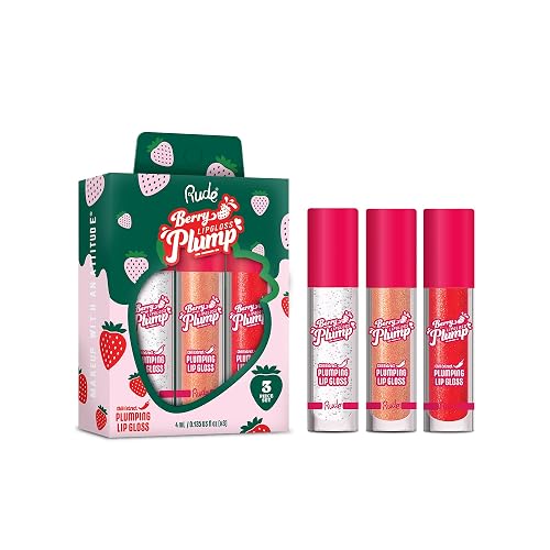 RUDE Berry Plump Plumping Lip Gloss Trio Set, High-Shine, Non-Sticky, Hyaluronic Acid, Shea Butter, Vitamin E, Vegan, 3 Piece Value Bundle (Crystal
