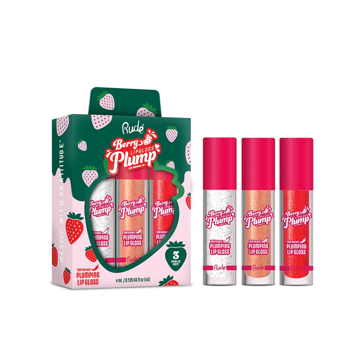RUDE Berry Plump Plumping Lip Gloss Trio Set, High-Shine, Non-Sticky, Hyaluronic Acid, Shea Butter, Vitamin E, Vegan, 3 Piece Value Bundle (Crystal