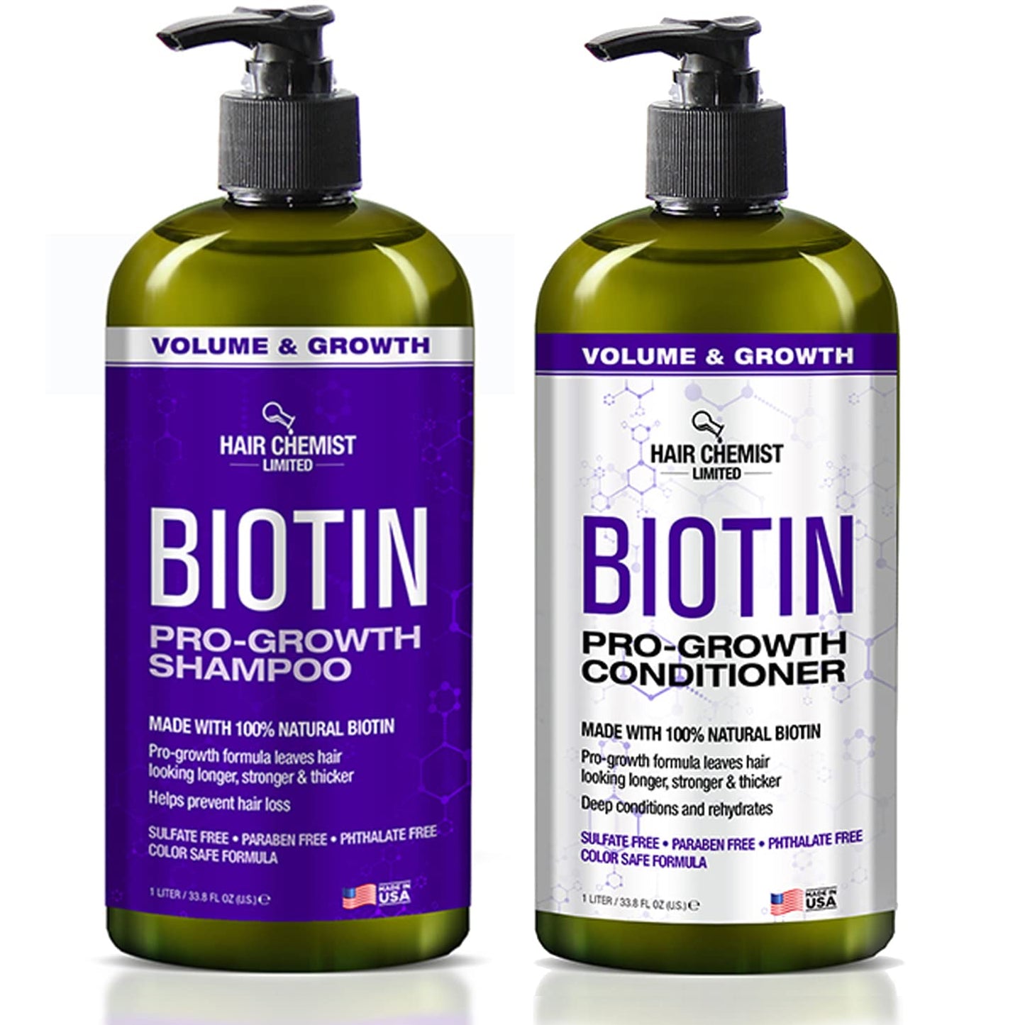 Hair Chemist Pro-Growth Shampoo & Conditioner Set with Biotin - Includes 33.8oz Shampoo & 33.8oz Conditioner