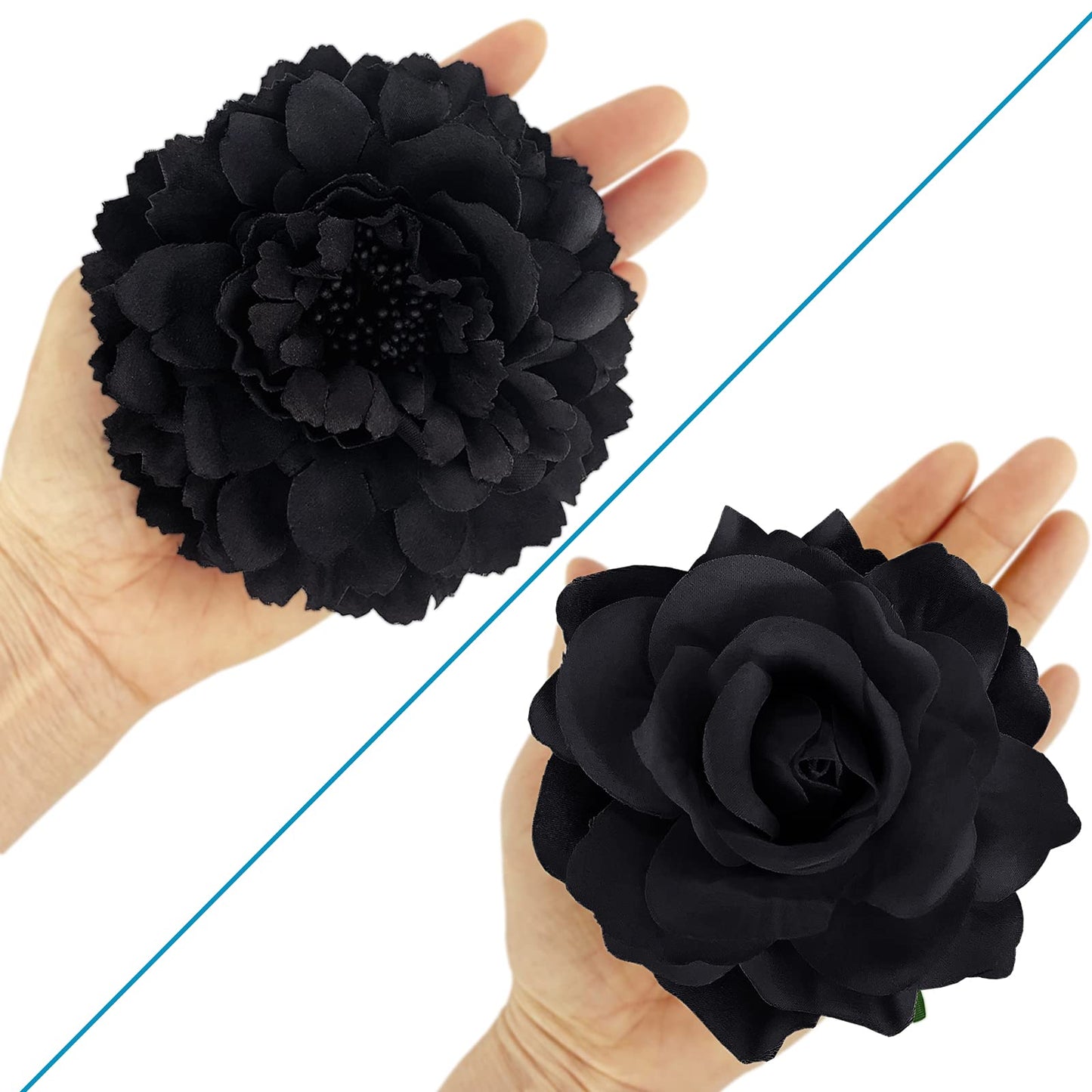 Large Floral Hair Accessory Set - Includes 4 Peony and 4 Rose Barrette Hair Clips for Flamenco Dance, Beach Party, Wedding (Black)