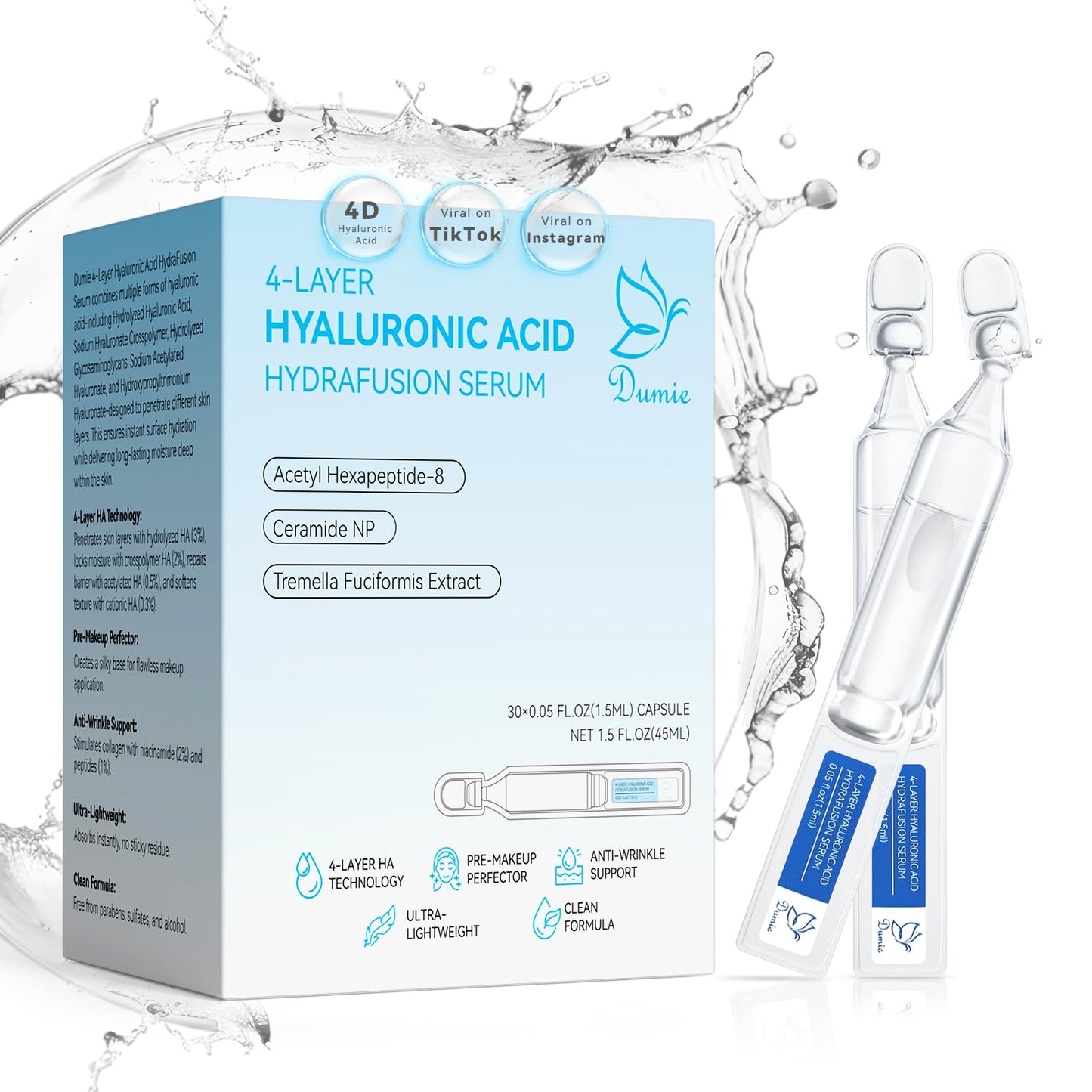 3% Hyaluronic Acid Serum for Face, Anti-Aging Hydrating Serum with 20,000 ppm Ceramide NP & 10,000ppm Acetyl Hexapeptide-8, Korean Skincare ultra