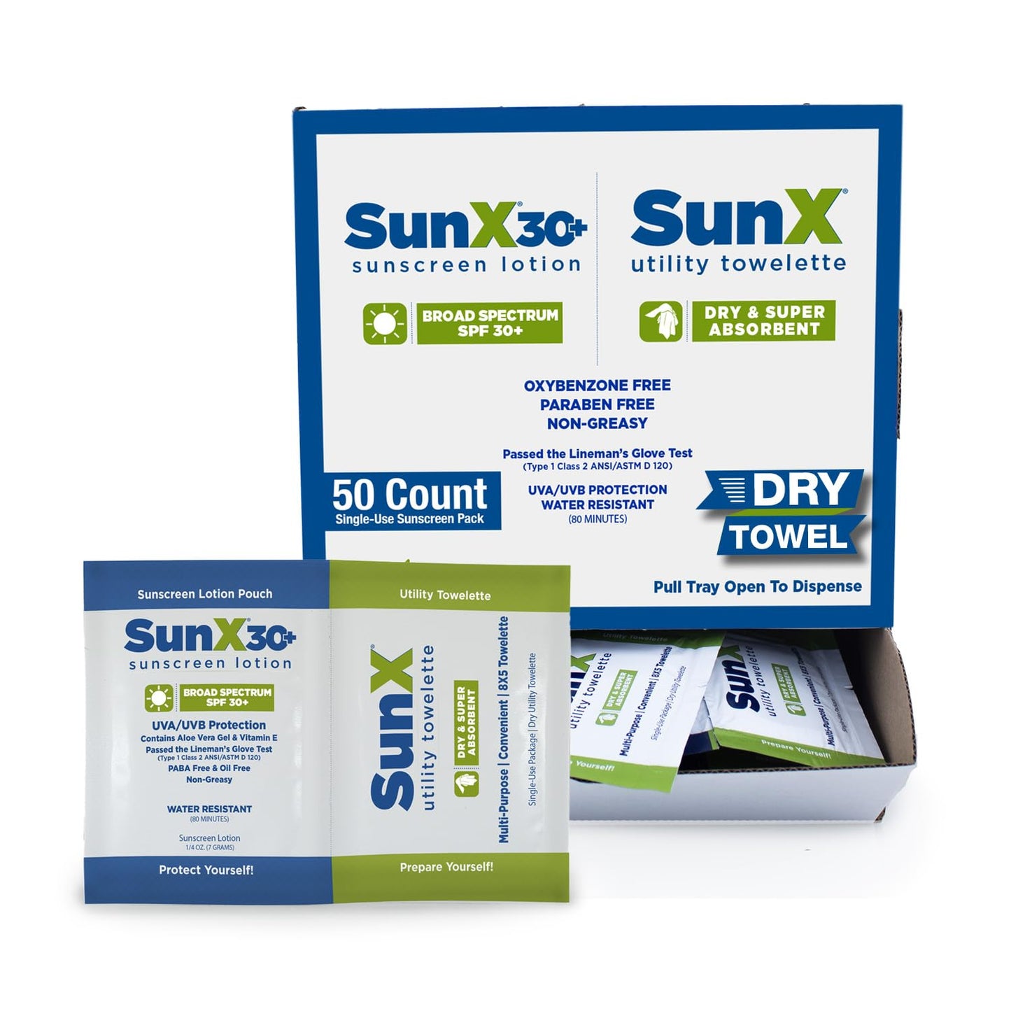 CoreTex Sun X 30+ Broad Spectrum Sunscreen Packets & Dry Towels Duo Kit - Pack of 50 Paraben, Oxybenzone, Octinoxate, & Oil Free Sunscreen - No White