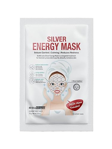 BioMiracle Silver Energy Mask with Sodium Hyaluronate, Ginkgo Biloba, Salicylic Acid for blemish-prone skin to purify, detoxify, revitalize skin