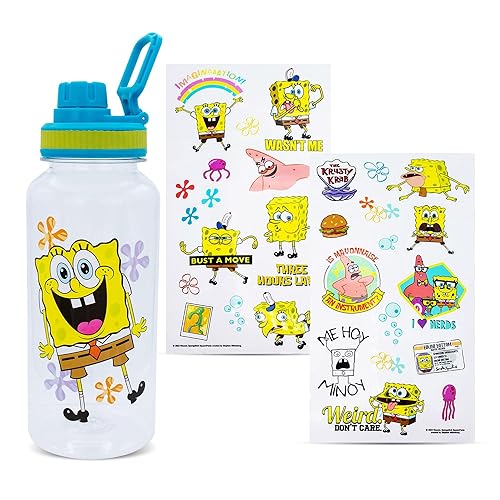 Silver Buffalo SpongeBob SquarePants Happy Laugh Flowers 32-Ounce Twist Spout Water Bottle And Sticker Set | BPA-Free Plastic Sports Jug