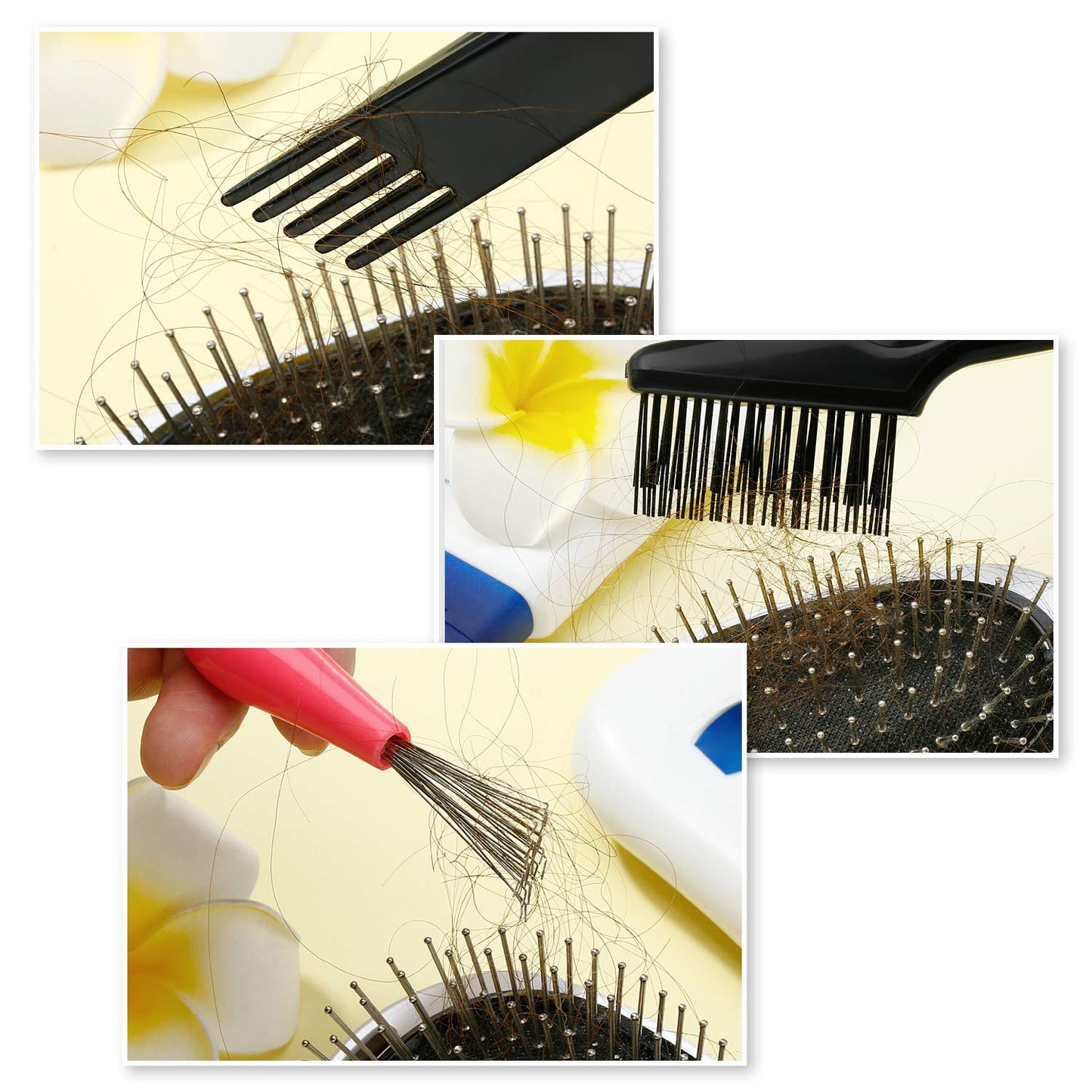 Boao 2 Pieces Hair Brush Cleaning Tool Comb Set Mini Hair Brush Dirt Remover with Metal Wire Rake for Removing Hair Dust Home and Salon Use(Pink