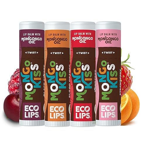 Eco Lips Mongo Kiss Organic Lip Balm 4 Pack Blood Orange, Yumberry, Strawberry Lavender, Black Cherry - 100 Percent USDA Organic - Soothe, Moisturize