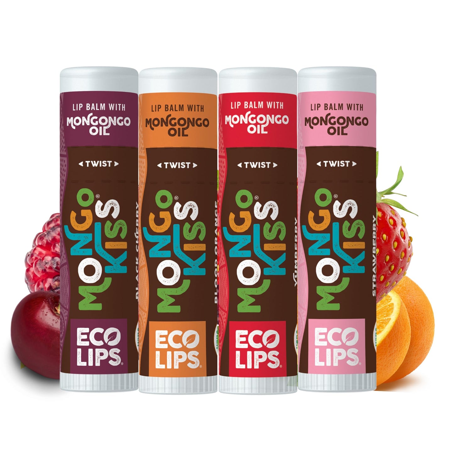 Eco Lips Mongo Kiss Organic Lip Balm 4 Pack Blood Orange, Yumberry, Strawberry Lavender, Black Cherry - 100 Percent USDA Organic - Soothe, Moisturize