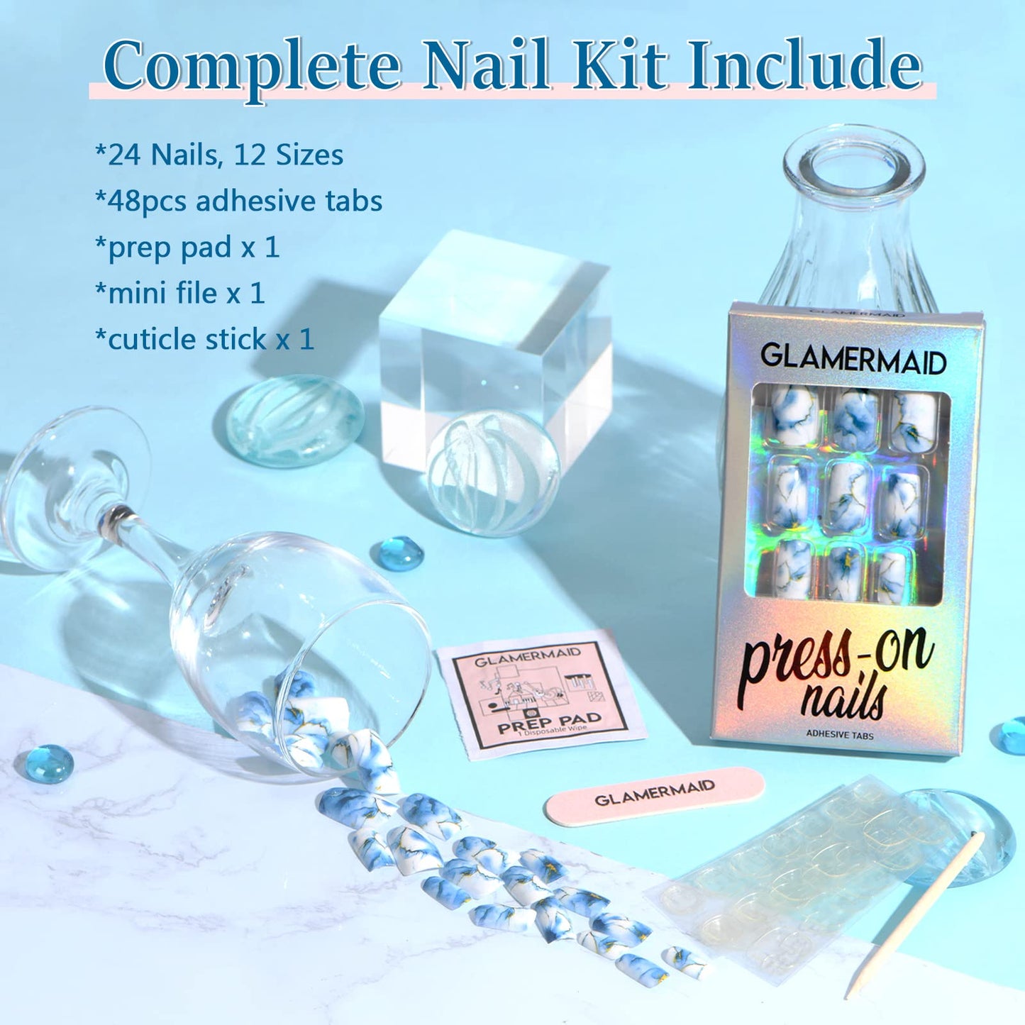 Marble Press on Nails Short Square GLAMERMAID, Blue Gold Acrylic Fake Nails with Design Luxury Stick Glue on Nails Reusable Glossy False Nail Sets