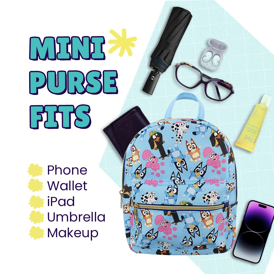 Bluey and friends Mini PU Leather Backpack Purse with Adjustable Straps 10 In (Blue, One Size)