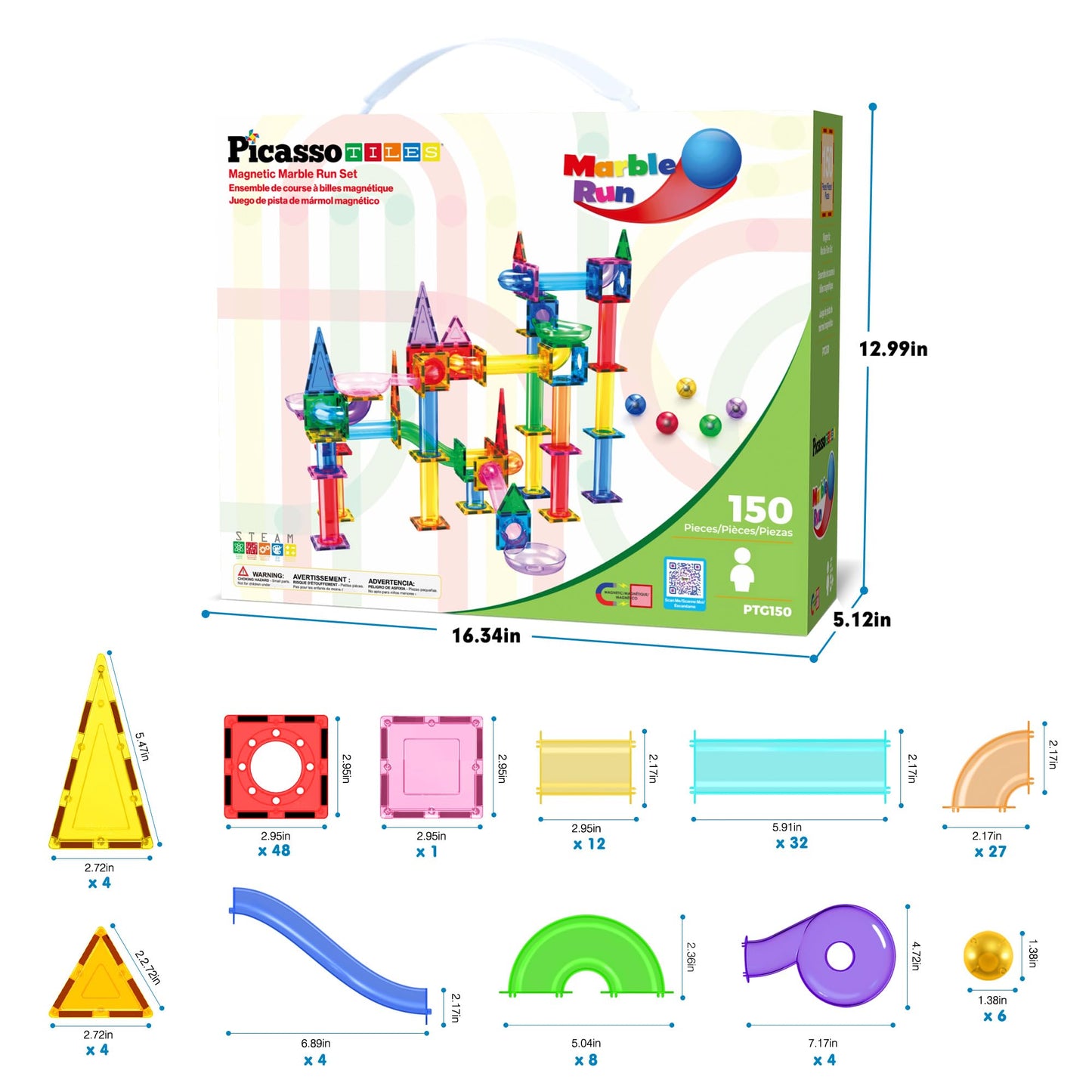 PicassoTiles 150pcs Magnetic Marble Run – STEM Construction Toy with Slides, Ramps & Tubes, Educational Magnet Set for Kids Ages 3+