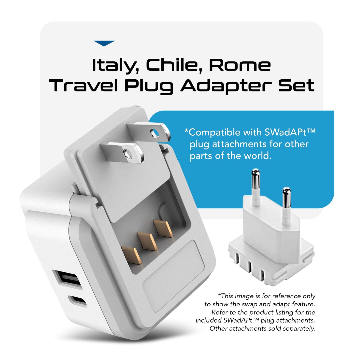 Ceptics Chile, Italy Travel Plug Adapter Set – US to Type C/L with 2 Outlets, USB & USB-C 20W PD, QC 18W, SWadAPt Attachments, PAK-IT