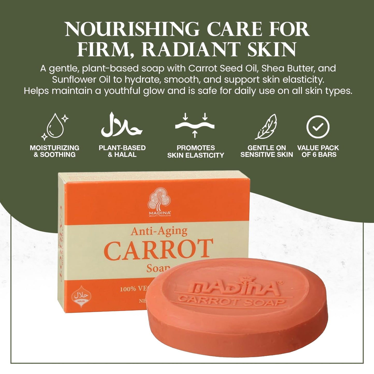 Madina Carrot Soap Bar - Carrot Seed Oil & Shea Butter, Moisturizing, Anti-Aging, Skin Tone & Elasticity, Vegetable-Based, Halal, Gentle Cleanser, 6