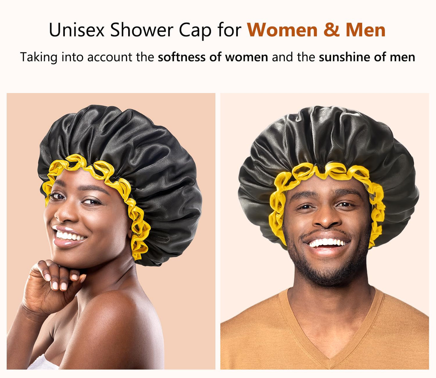 mikimini Extra Large Black Shower Cap for Women and Men Thick Long Hair Braids, Reusable Waterproof Double Layers XL Bathing Hair Caps with Vibrant