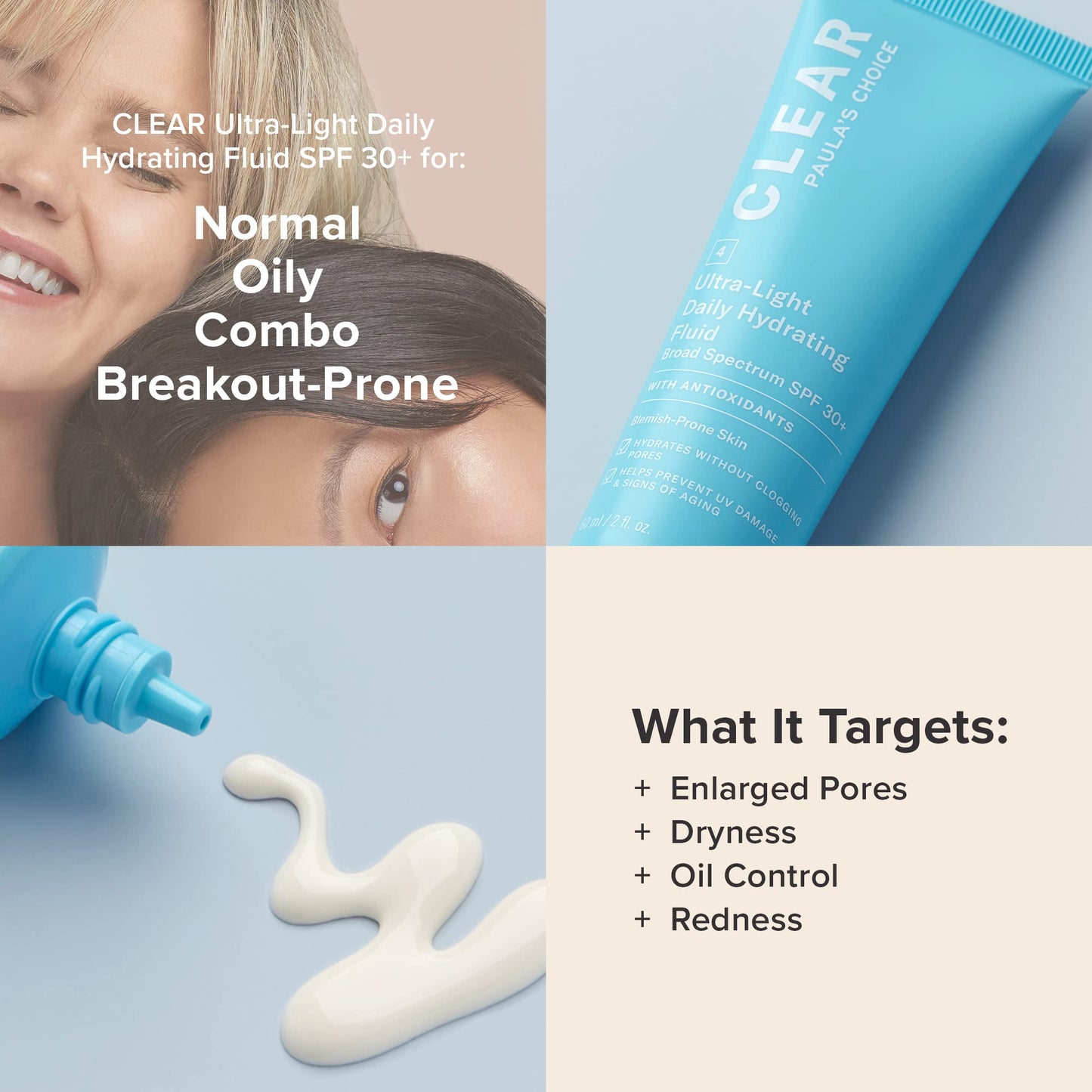 Paula's Choice CLEAR Oil-Free Face Sunscreen SPF 30 – Ultra-Light Hydrating Moisturizer with Green Tea & Chamomile, UVA/UVB Protection, 2oz