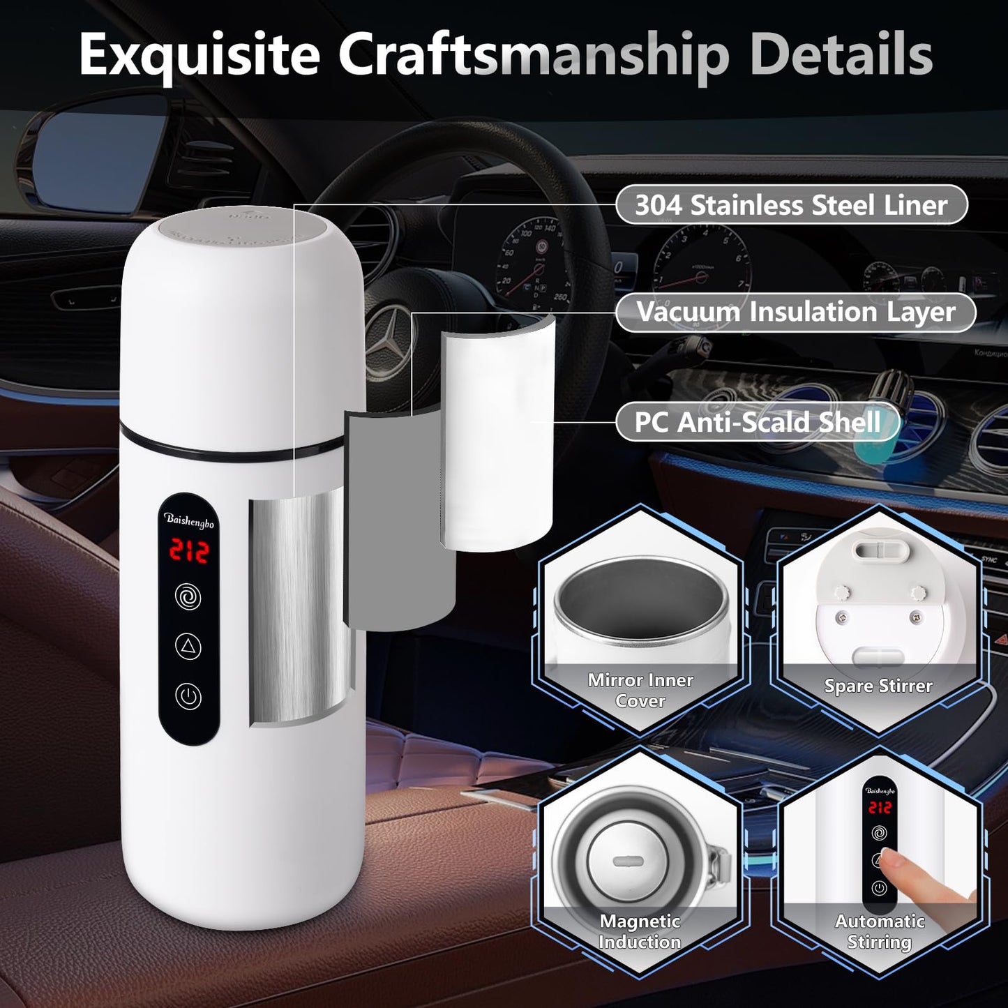 Car Electric Kettle,Portable Travel Kettle,12V/24V Car Coffee Warmer,420ML Hot Water Heater with Built-in Magnetic Induction Stirring,Small Mini Hot…