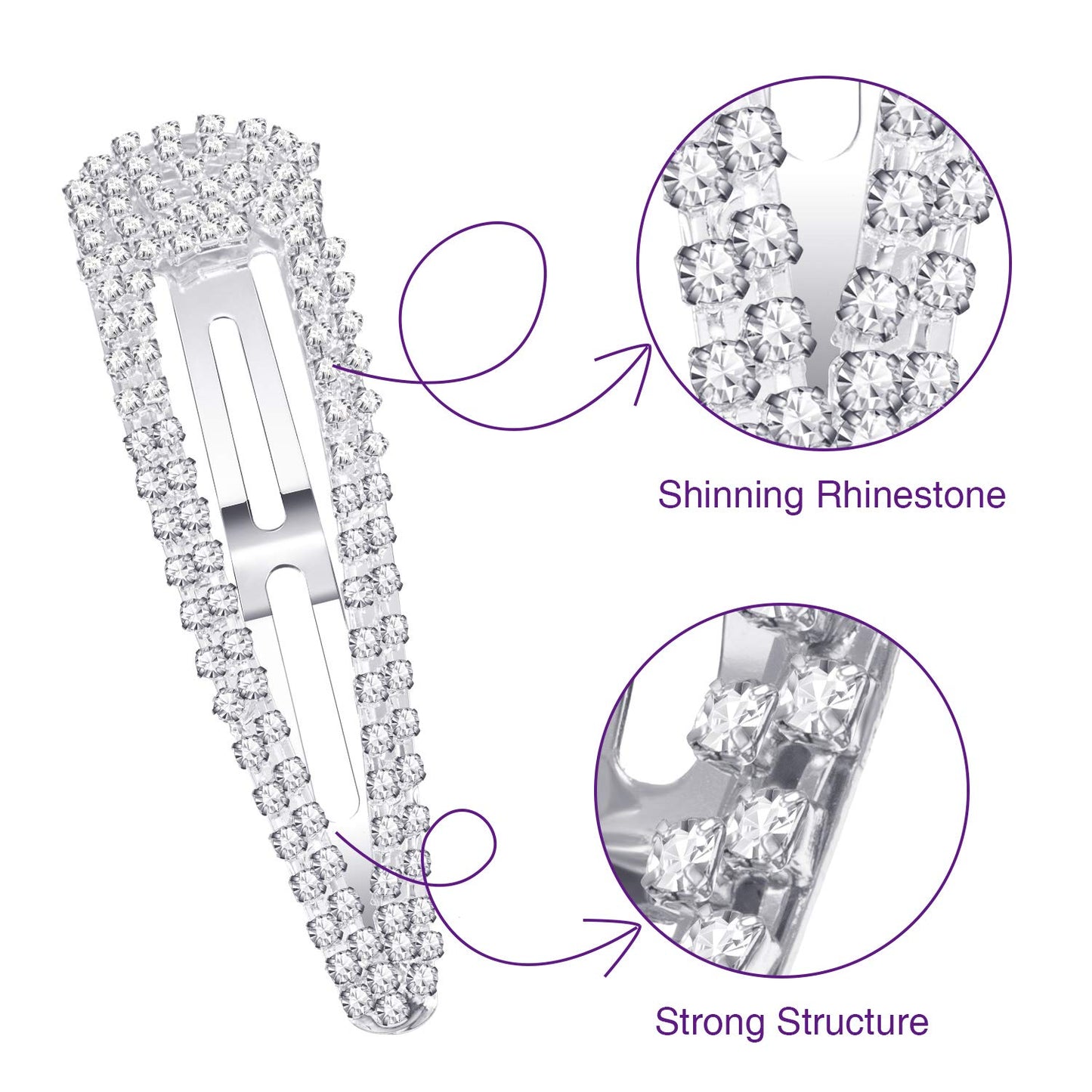Geyoga 6 Pieces Rhinestone Snap Hair Clips 4 Inch Metal Hair Barrettes Hairpins Crystal for Women Wedding Accessories