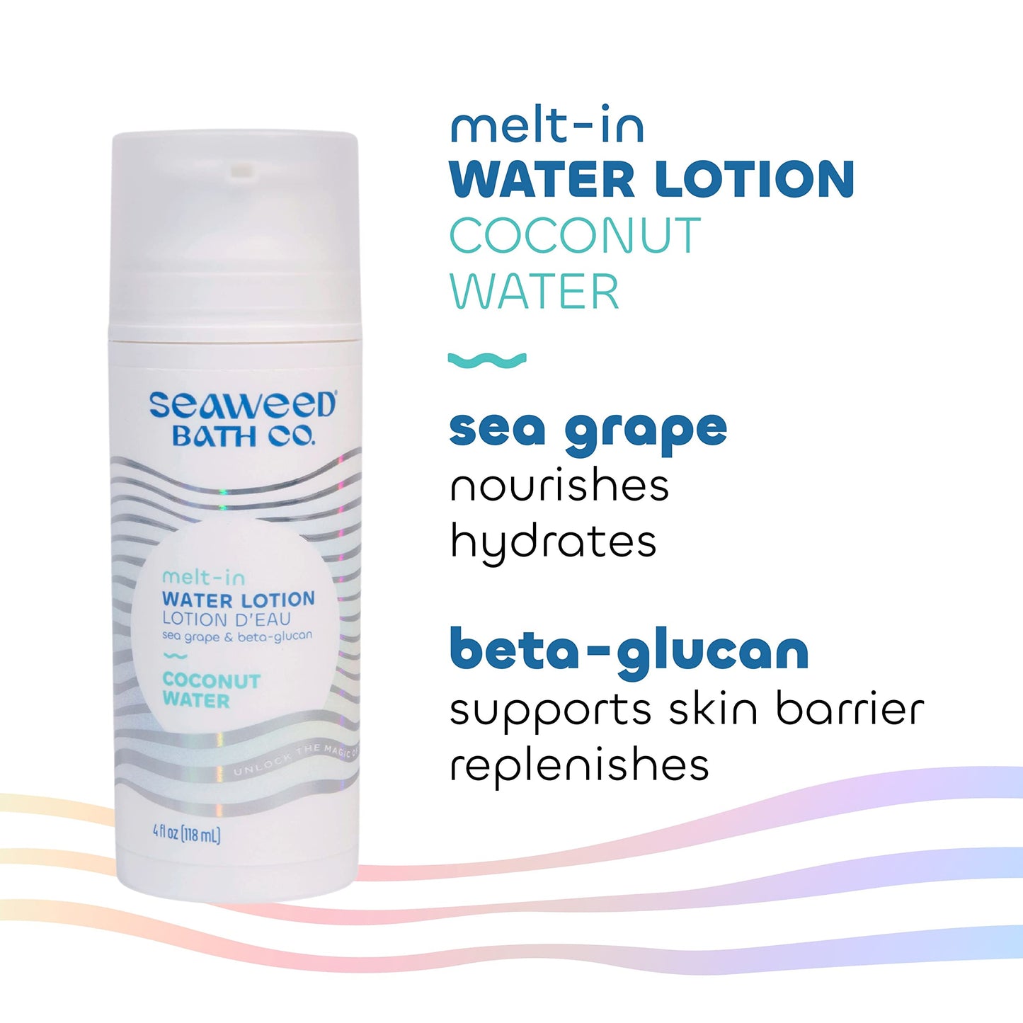Seaweed Bath Co. Melt-In Water Lotion, Coconut Water Scent, 4 Ounce, Sustainably Harvested Seaweed, Sea Grape, Beta-Glucan