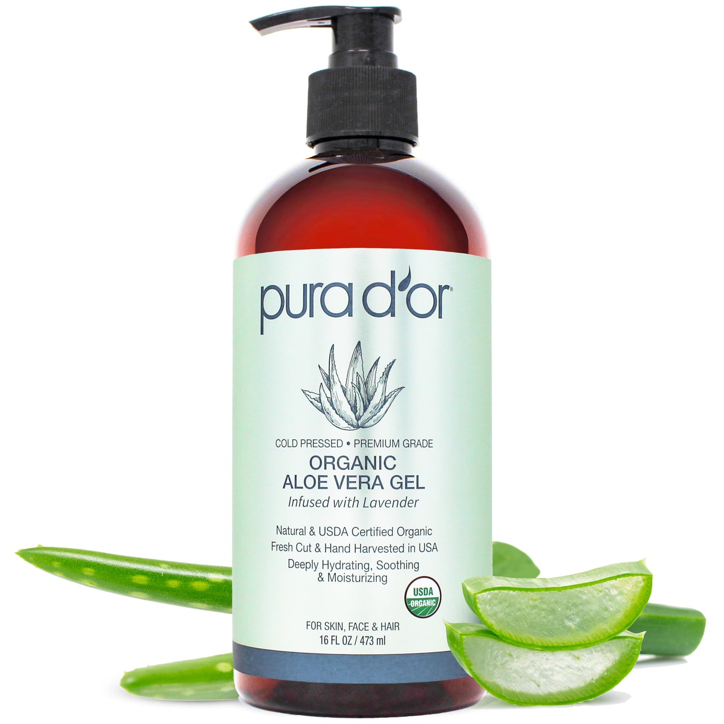 PURA D'OR 16 Oz ORGANIC Aloe Vera Gel - Lavender - All Natural - ZERO Artificial Preservatives - Deeply Hydrating & Moisturizing - Sunburn, Bug Bites