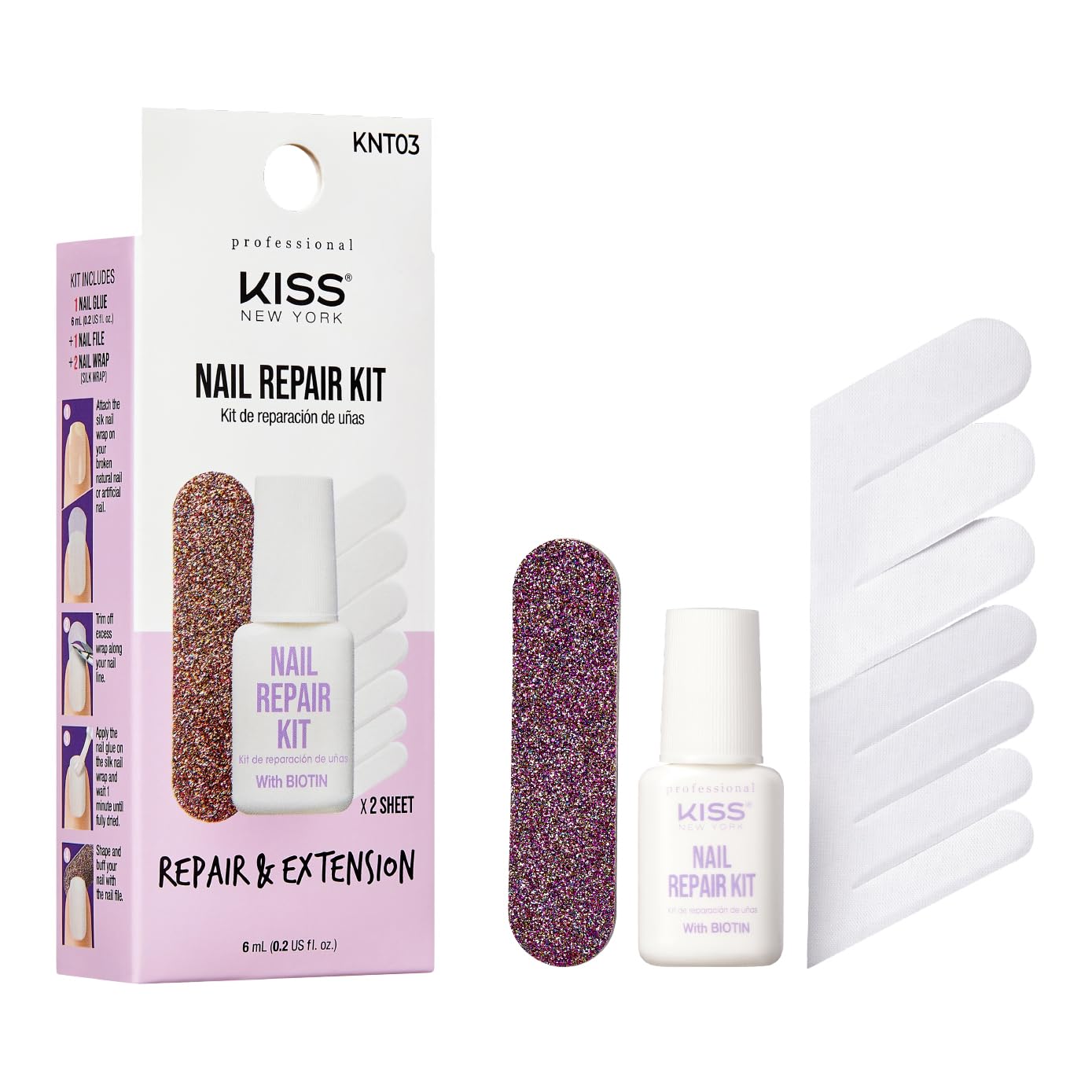 Kiss New York Nail Repair Kit for Damage, Broken, Cracked and Weak Nails - Biotin Infused Glue, File, and 2 Wraps - Made in Korea